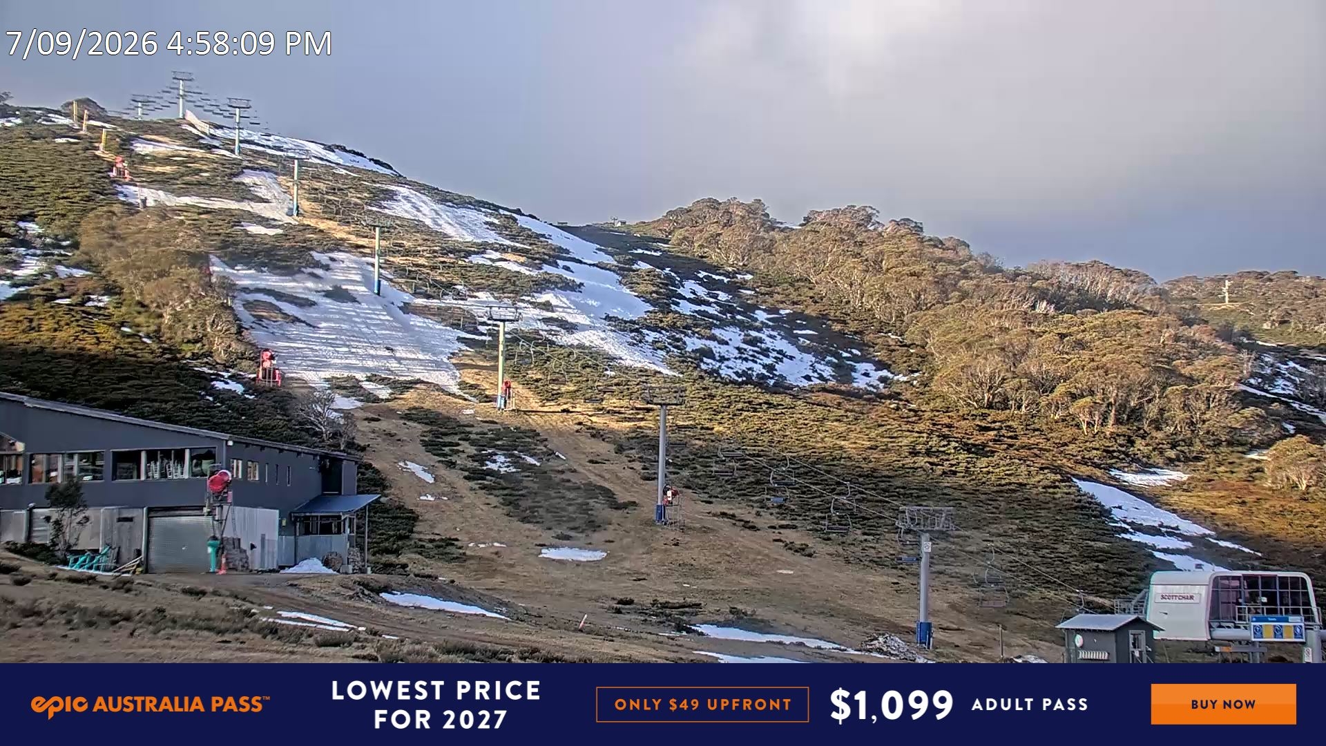 Falls Creek Scott Chair snow cam captured at 7 September 2026 at 5:10 pm AEST