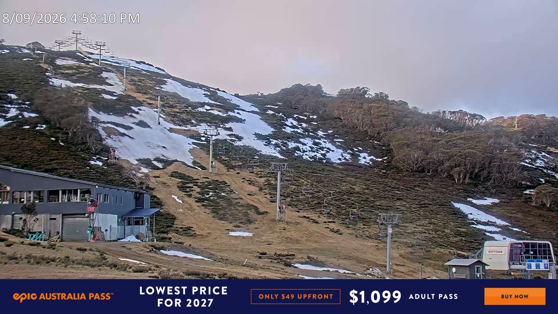Falls Creek Scott Chair snow cam captured at 8 September 2026 at 5:10 pm AEST