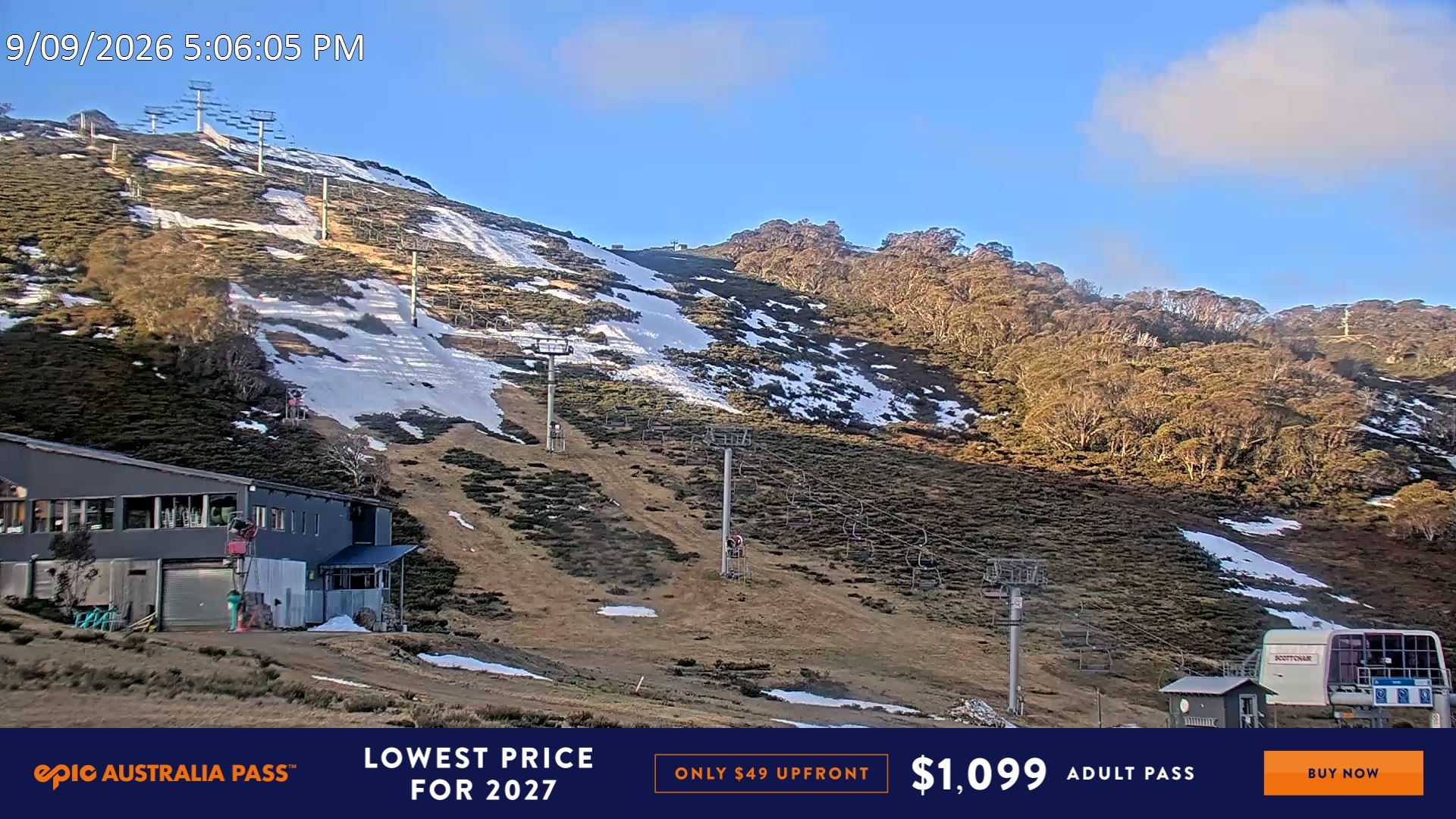 Falls Creek Scott Chair snow cam captured at 9 September 2026 at 5:20 pm AEST