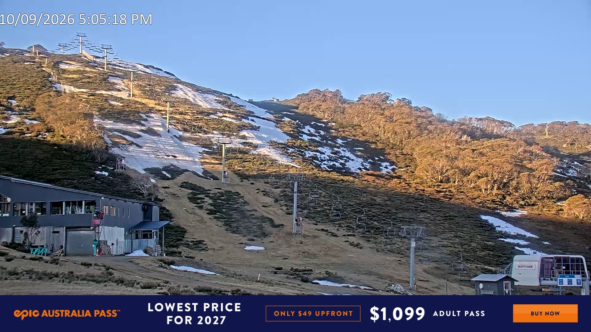 Falls Creek Scott Chair snow cam captured at 10 September 2026 at 5:10 pm AEST