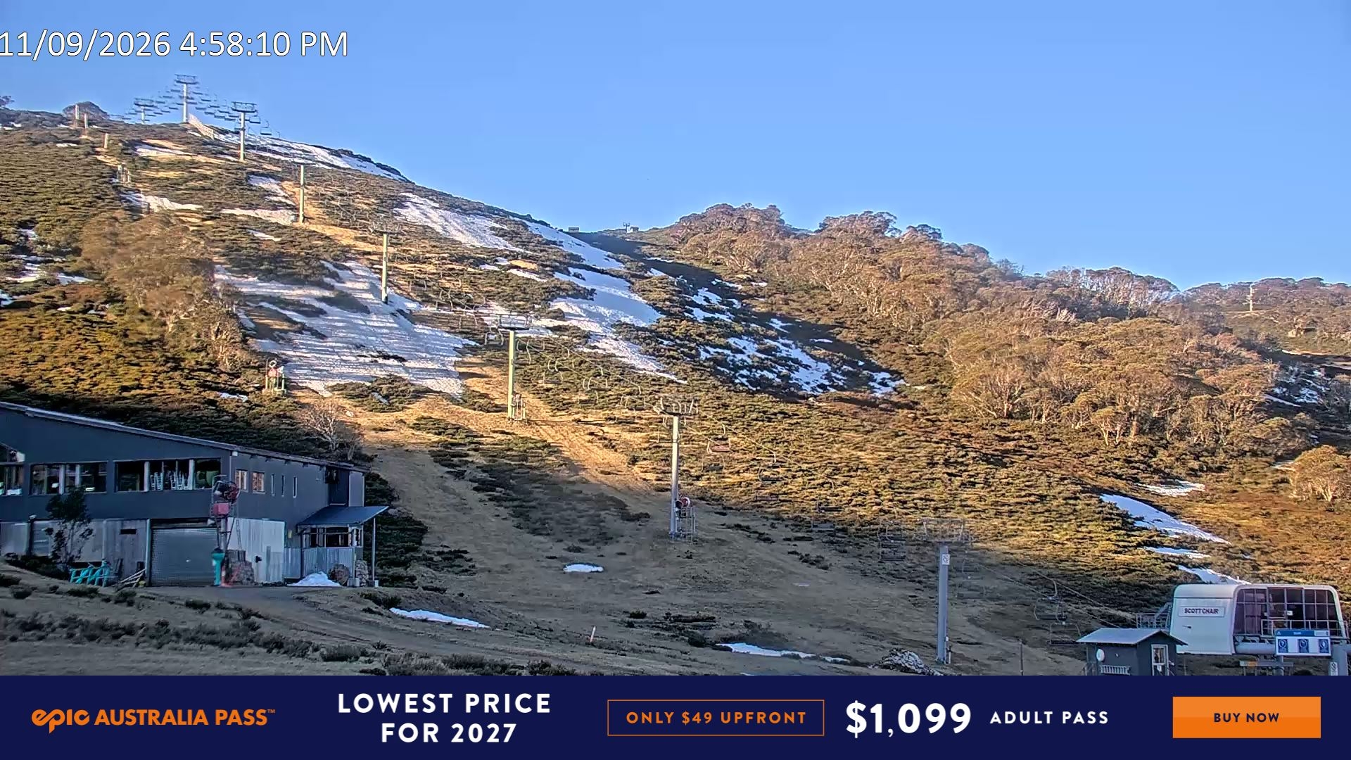 Falls Creek Scott Chair snow cam captured at 11 September 2026 at 5:08 pm AEST