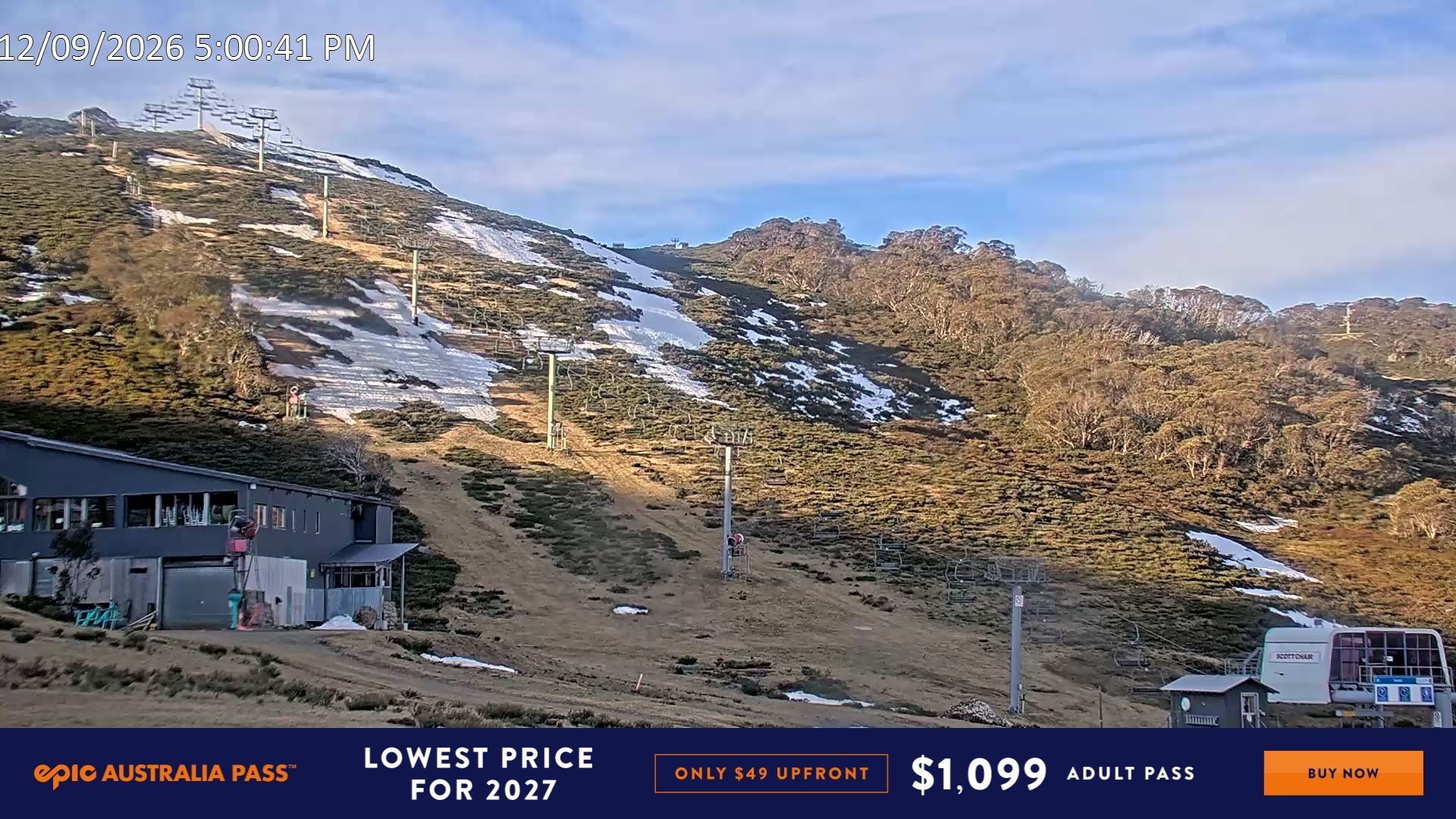 Falls Creek Scott Chair snow cam captured at 12 September 2026 at 5:16 pm AEST