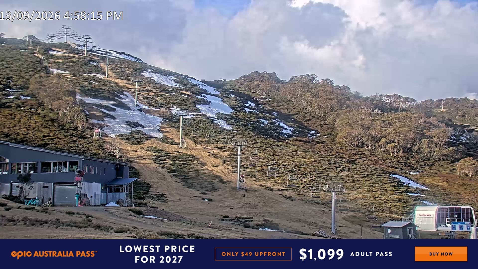 Falls Creek Scott Chair snow cam captured at 13 September 2026 at 5:05 pm AEST