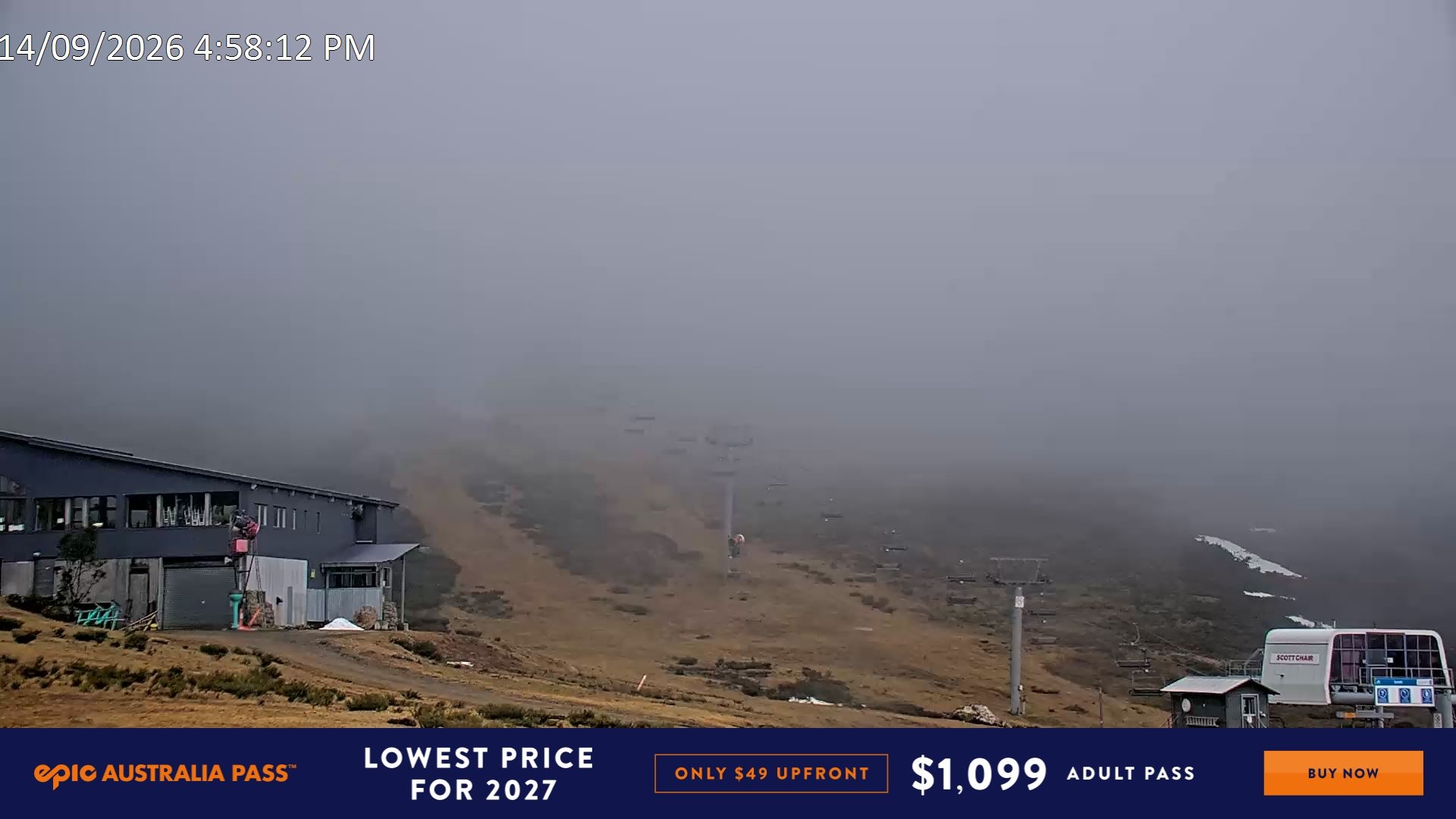 Falls Creek Scott Chair snow cam captured at 14 September 2026 at 5:19 pm AEST