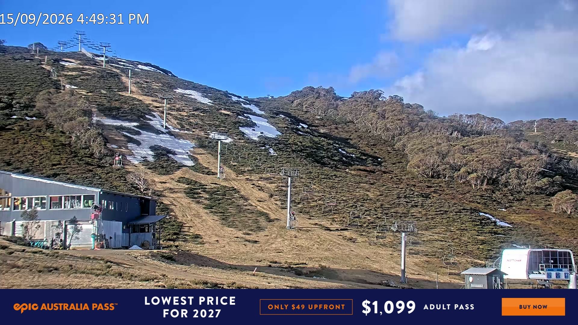 Falls Creek Scott Chair snow cam captured at 15 September 2026 at 4:53 pm AEST