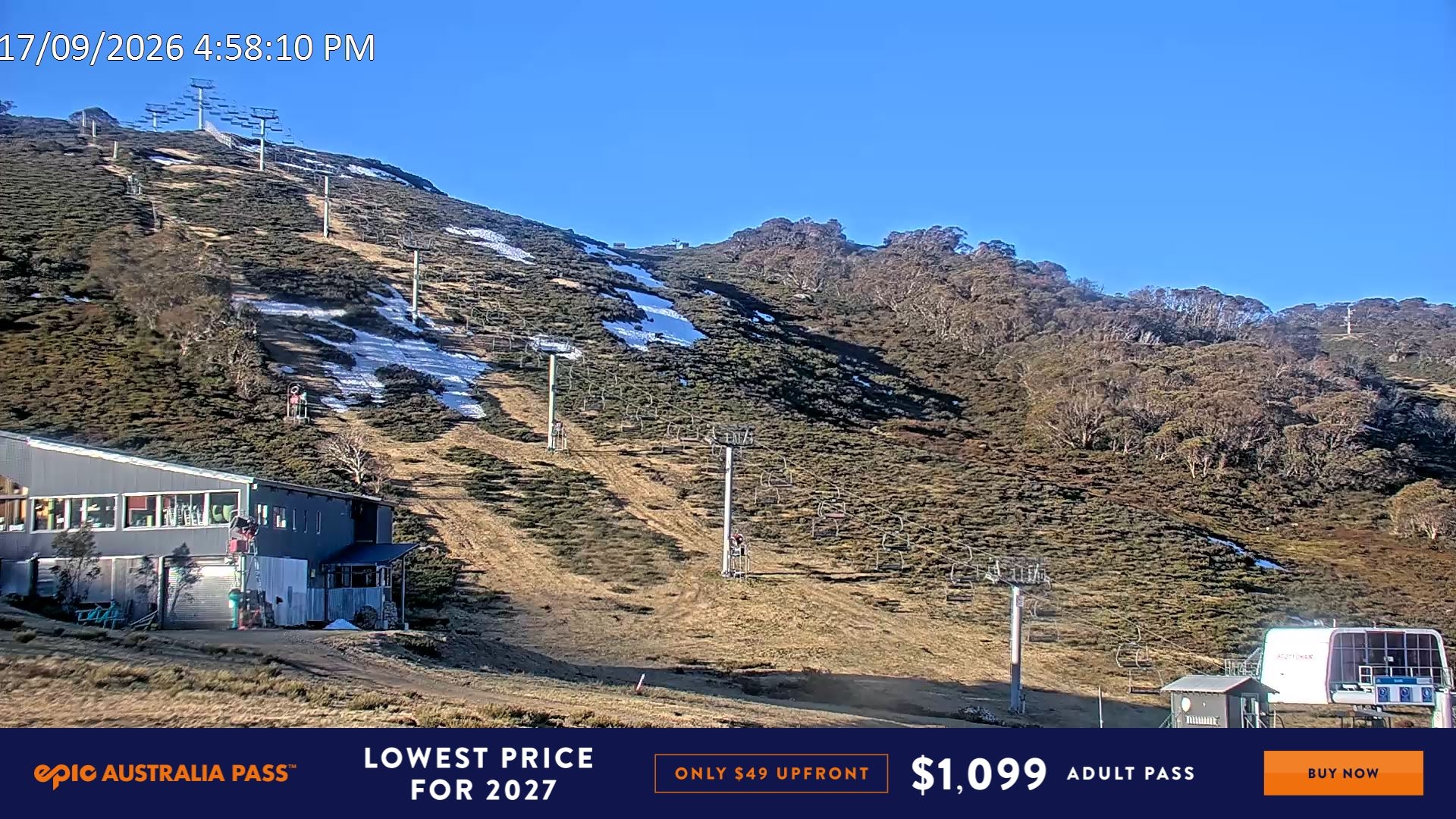 Falls Creek Scott Chair snow cam captured at 17 September 2026 at 5:08 pm AEST