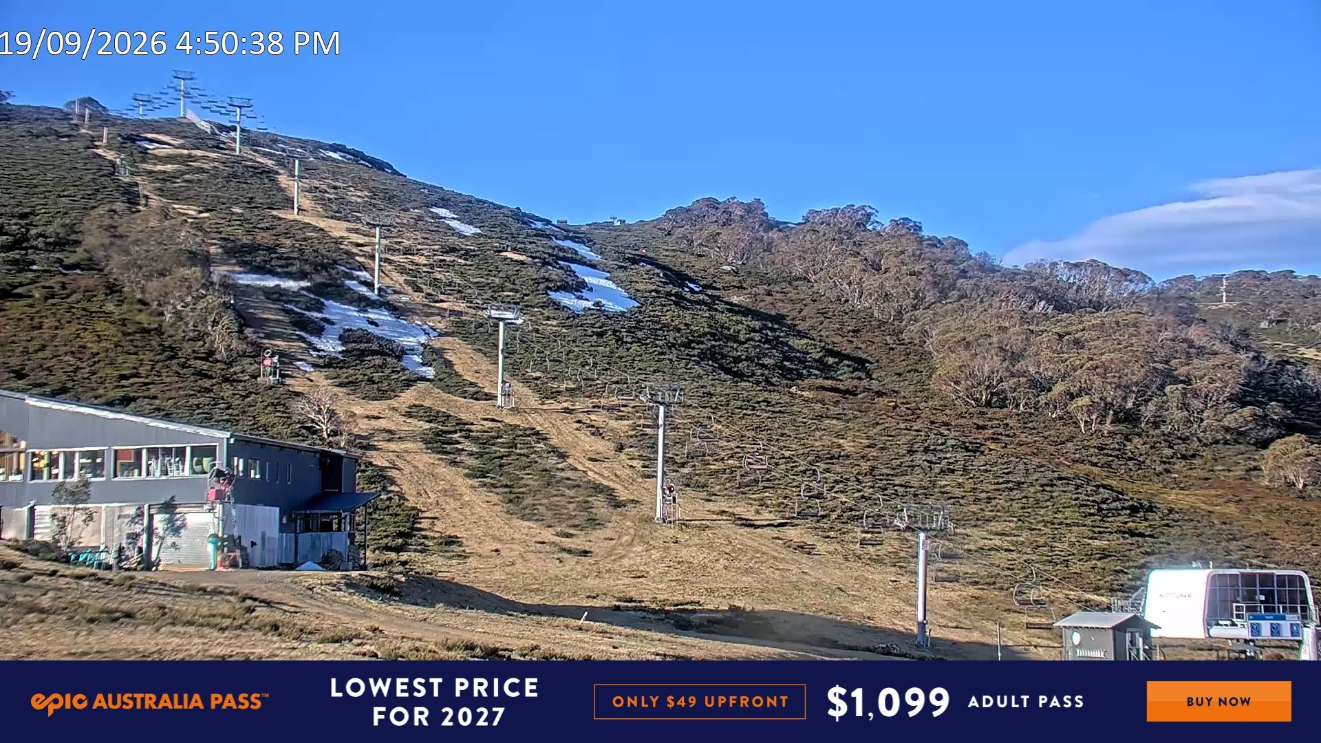 Falls Creek Scott Chair snow cam captured at 19 September 2026 at 5:00 pm AEST