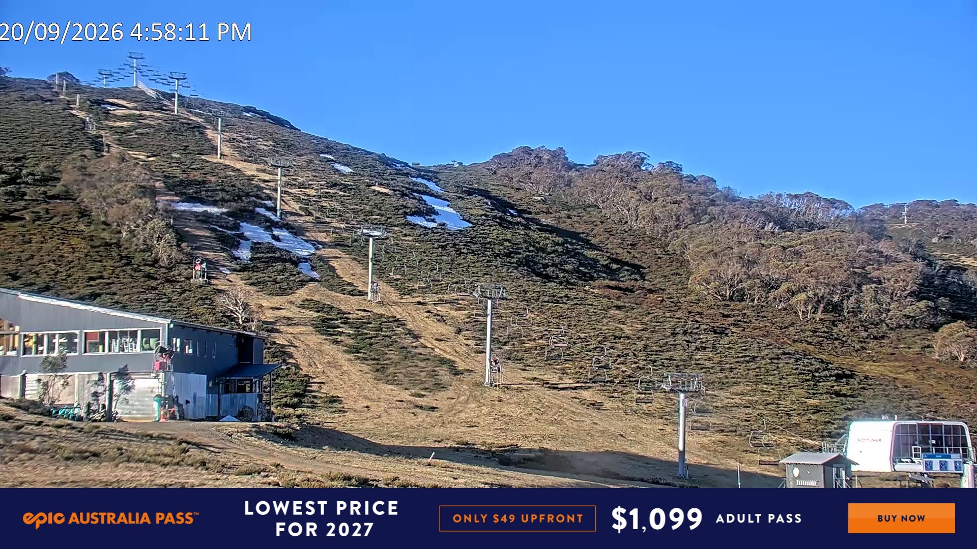 Falls Creek Scott Chair snow cam captured at 20 September 2026 at 5:01 pm AEST
