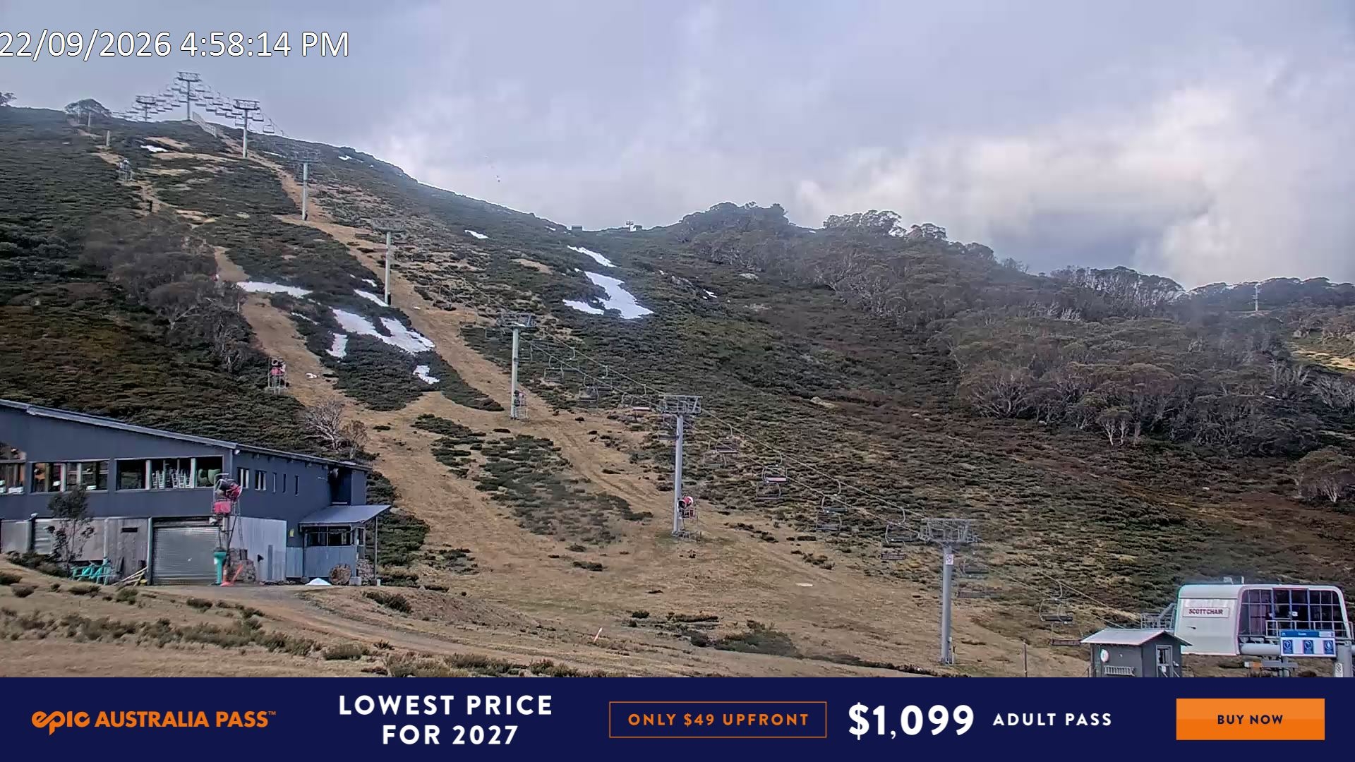 Falls Creek Scott Chair snow cam captured at 22 September 2026 at 5:03 pm AEST