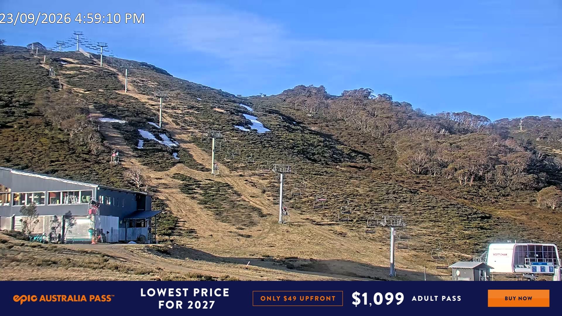 Falls Creek Scott Chair snow cam captured at 23 September 2026 at 5:04 pm AEST
