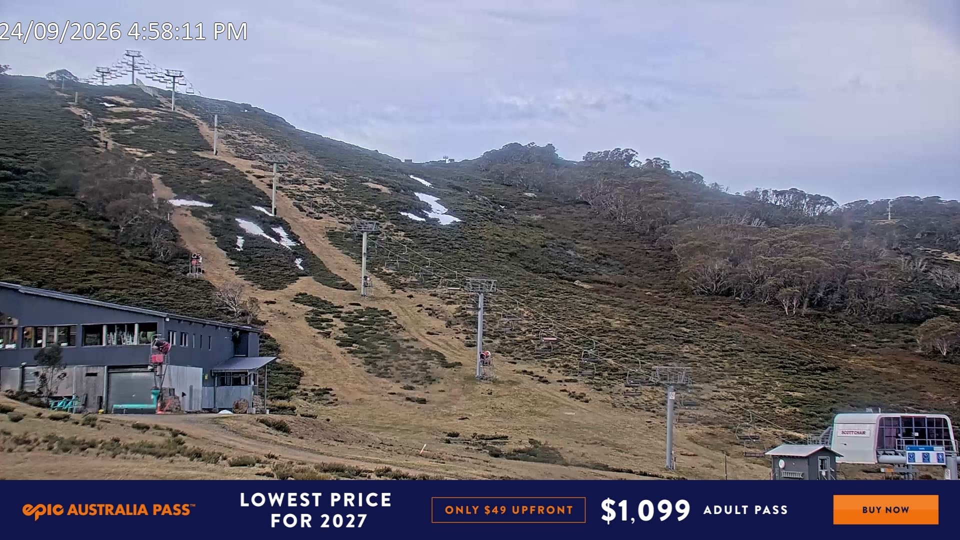 Falls Creek Scott Chair snow cam captured at 24 September 2026 at 5:05 pm AEST
