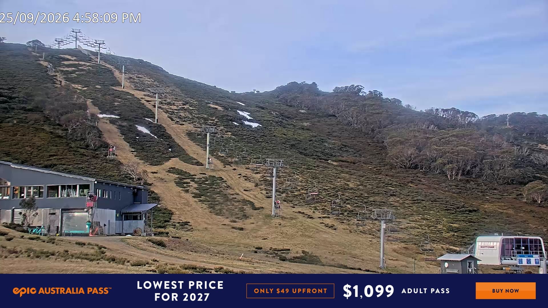 Falls Creek Scott Chair snow cam captured at 25 September 2026 at 5:00 pm AEST