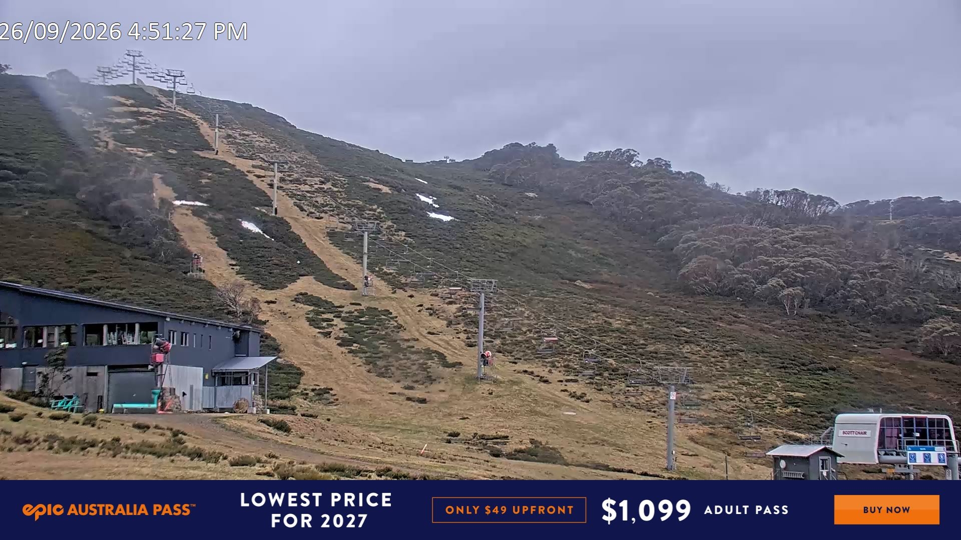 Falls Creek Scott Chair snow cam captured at 26 September 2026 at 5:01 pm AEST