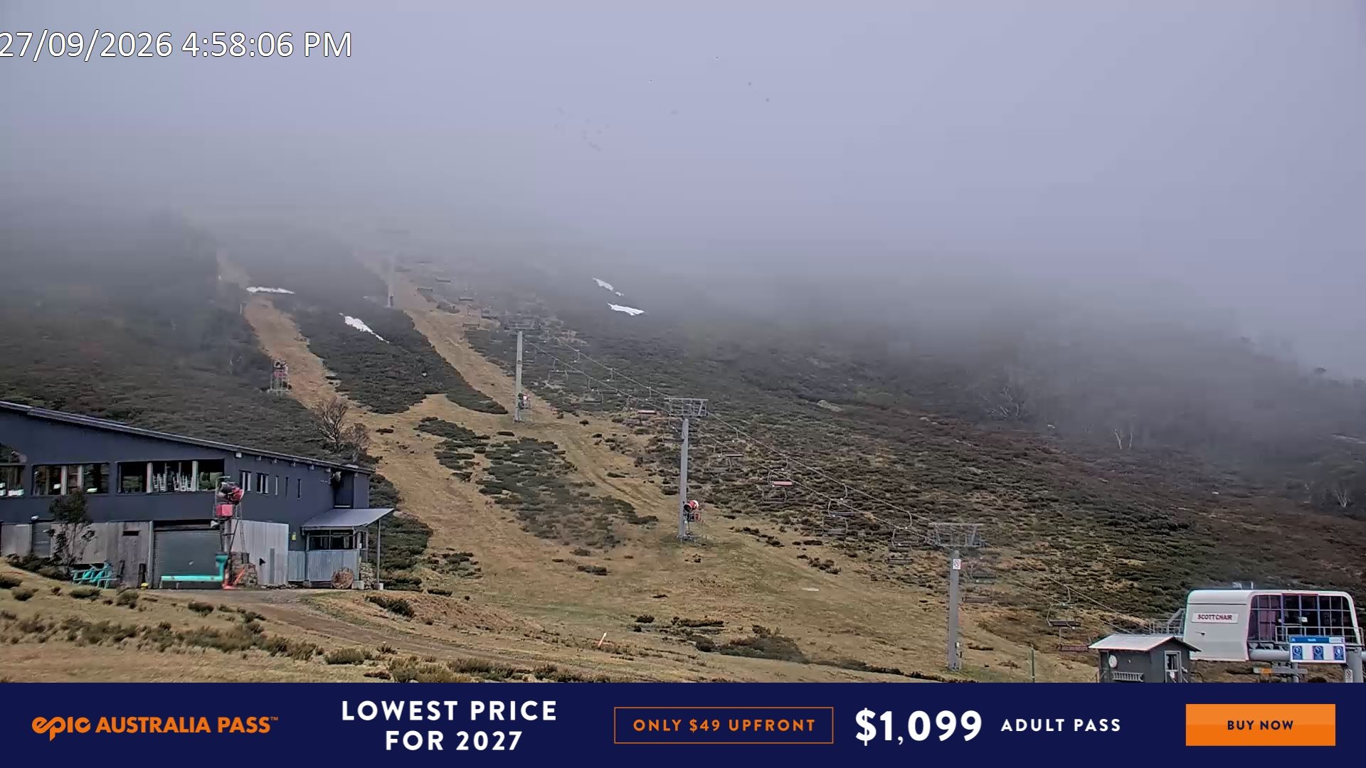Falls Creek Scott Chair snow cam captured at 27 September 2026 at 6:18 pm AEST