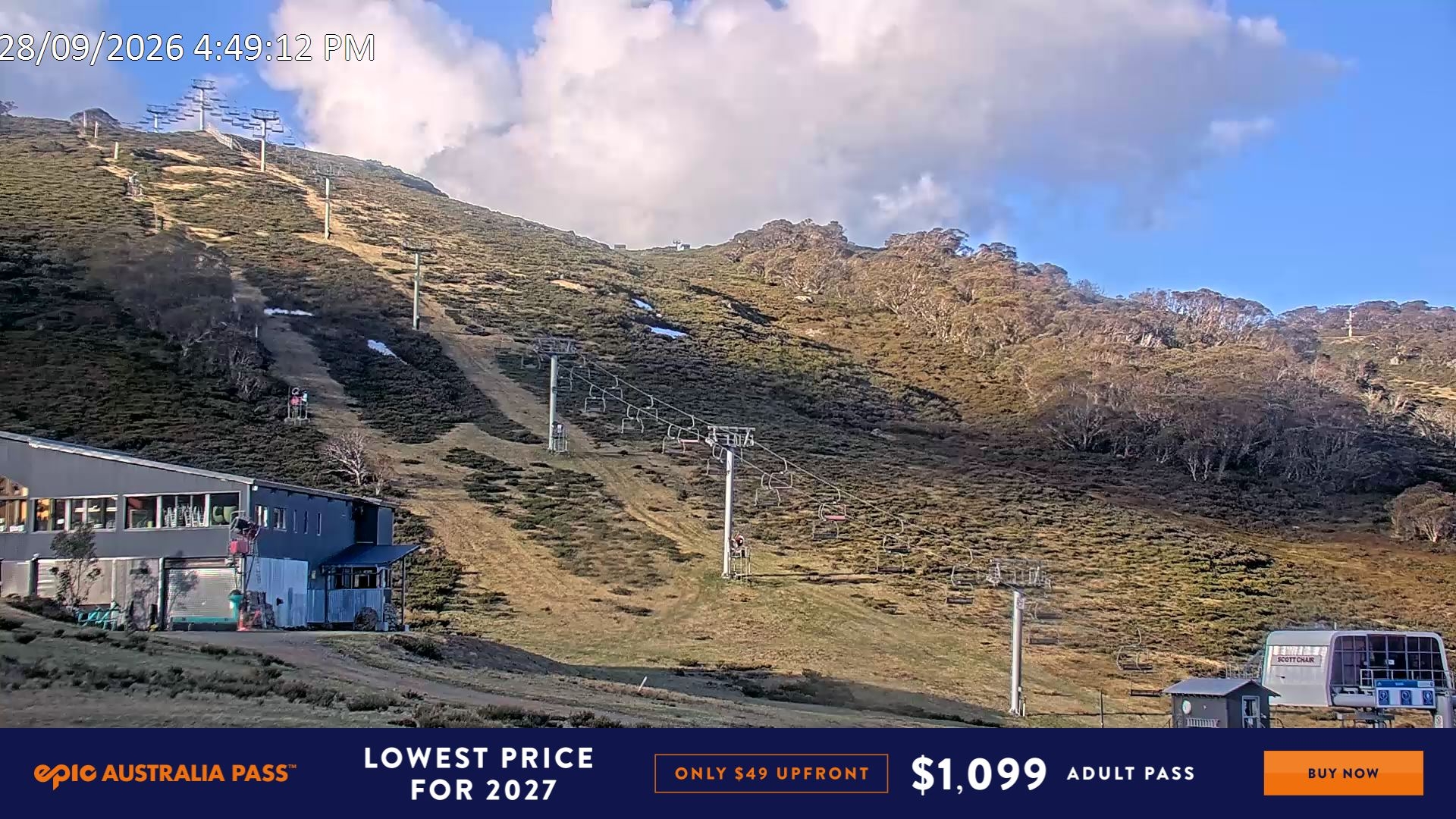 Falls Creek Scott Chair snow cam captured at 28 September 2026 at 4:57 pm AEST