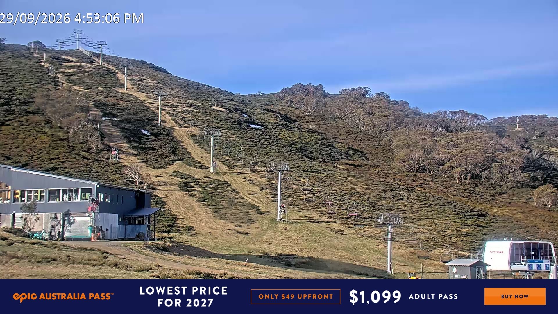 Falls Creek Scott Chair snow cam captured at 29 September 2026 at 5:02 pm AEST