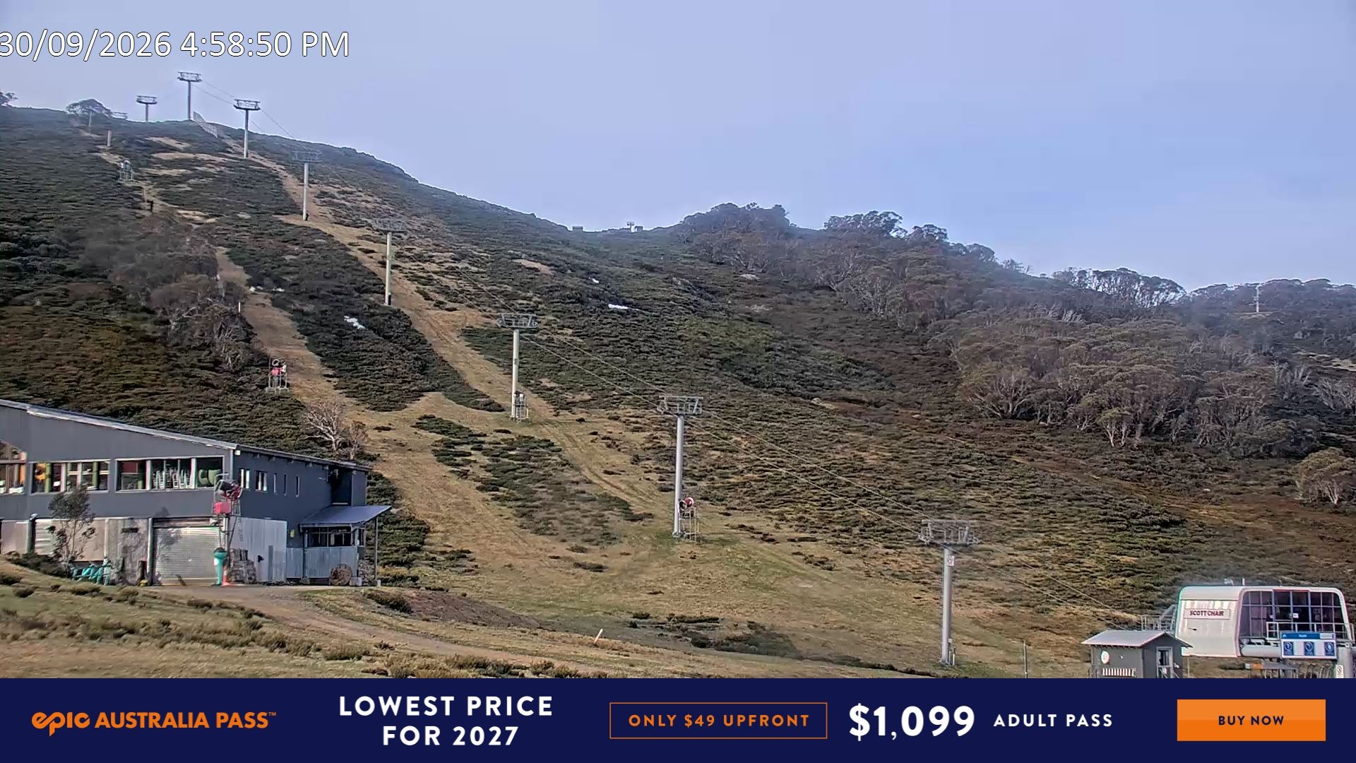Falls Creek Scott Chair snow cam captured at 30 September 2026 at 5:00 pm AEST