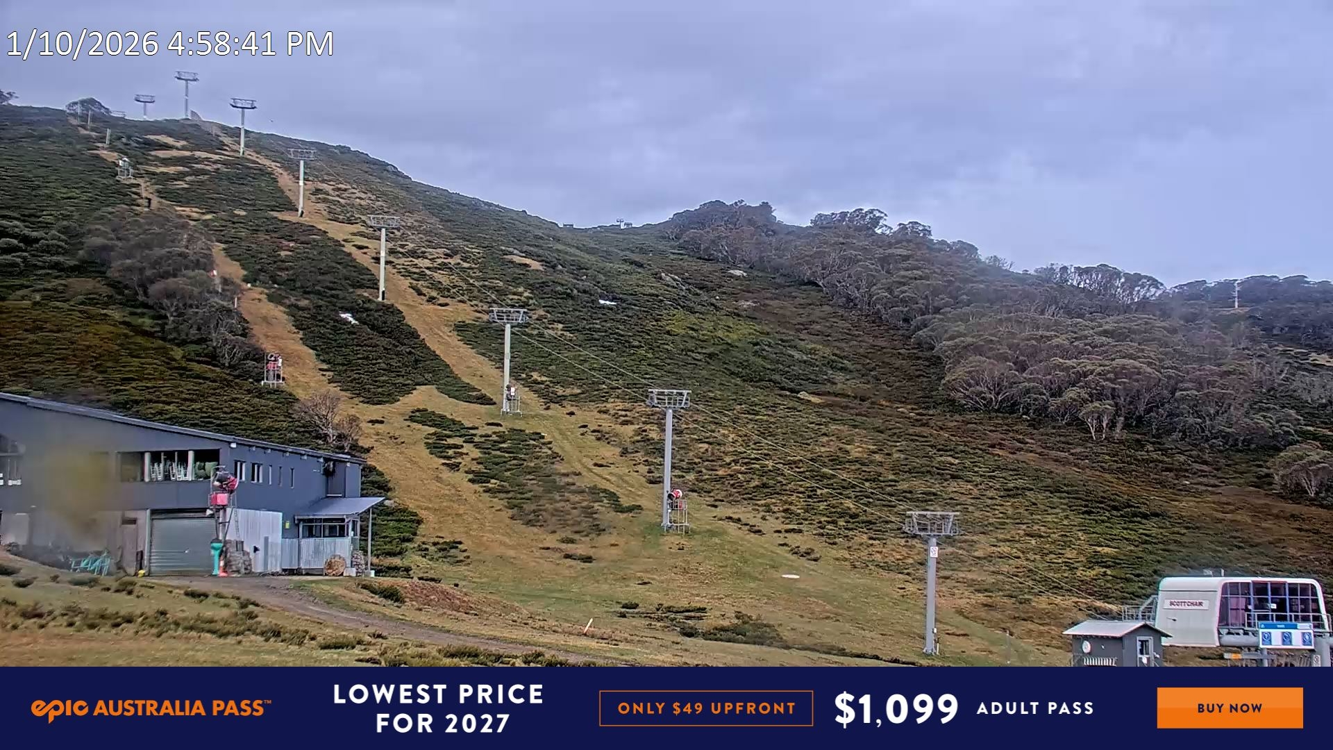 Falls Creek Scott Chair snow cam captured at 1 October 2026 at 5:00 pm AEST