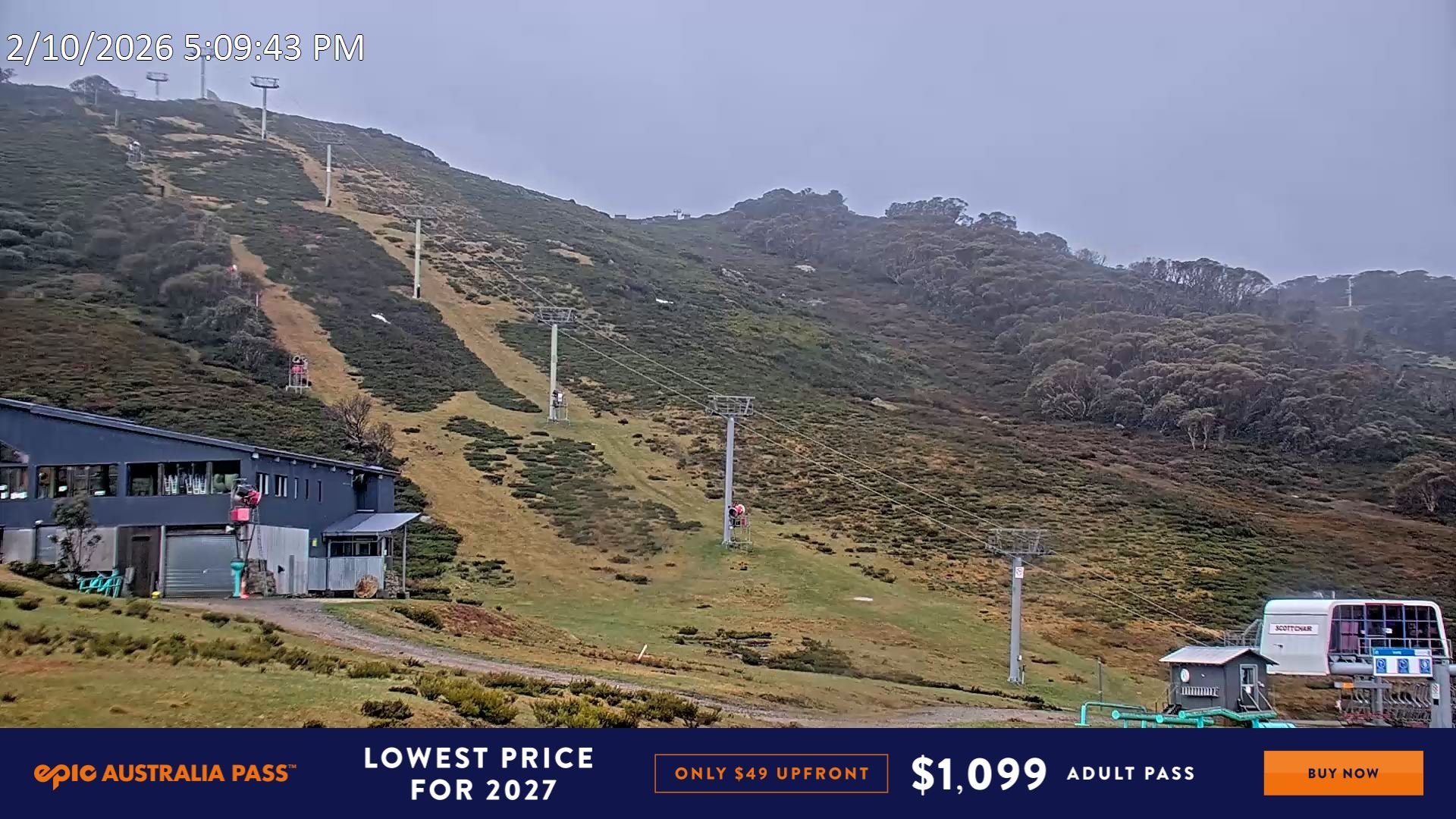 Falls Creek Scott Chair snow cam captured at 2 October 2026 at 5:29 pm AEST