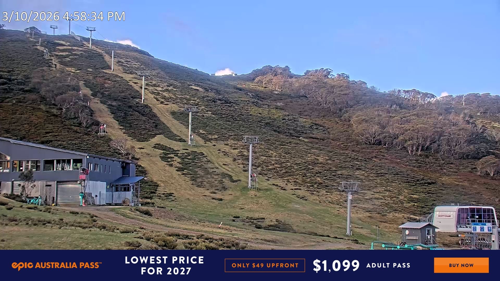 Falls Creek Scott Chair snow cam captured at 3 October 2026 at 5:01 pm AEST