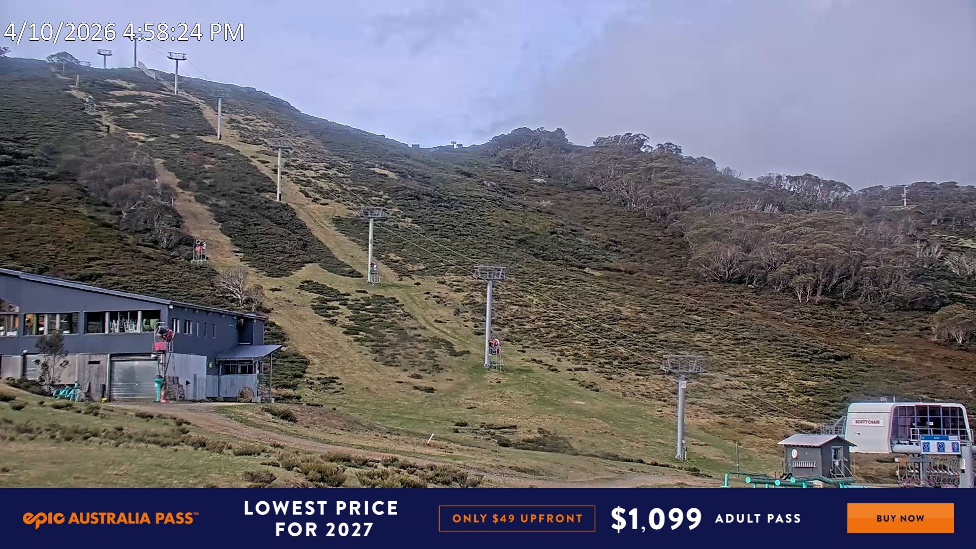Falls Creek Scott Chair snow cam captured at 4 October 2026 at 5:03 pm AEDT