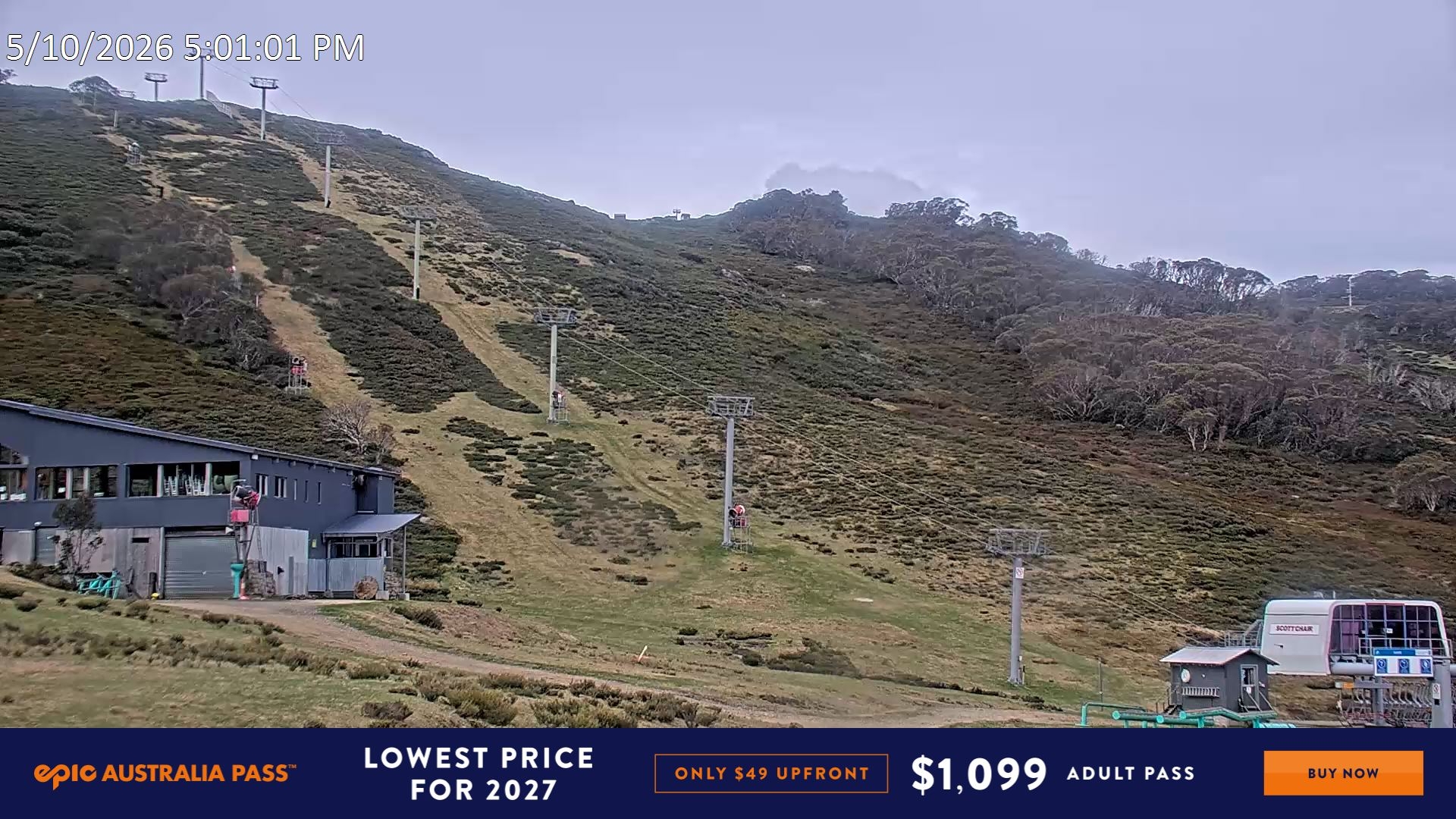 Falls Creek Scott Chair snow cam captured at 5 October 2026 at 5:10 pm AEDT