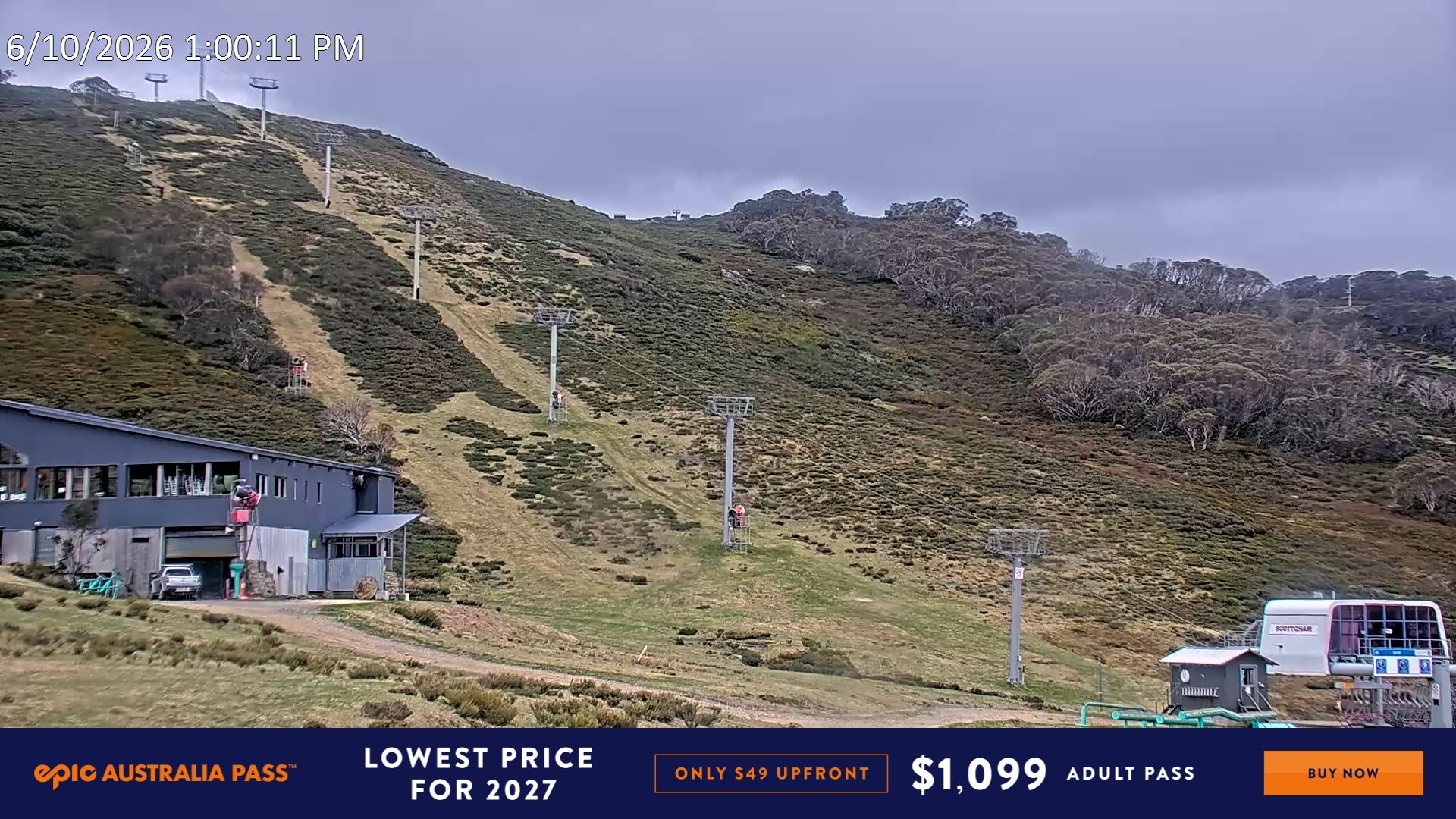 Falls Creek Scott Chair snow cam captured at 6 October 2026 at 1:10 pm AEDT