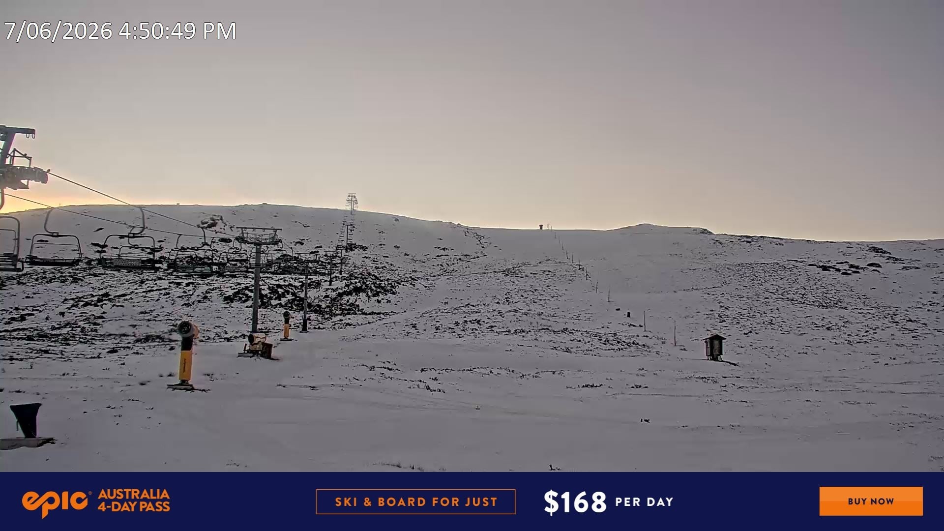 Falls Creek Ruined Castle snow cam captured at 7 June 2026 at 11:05 pm AEST