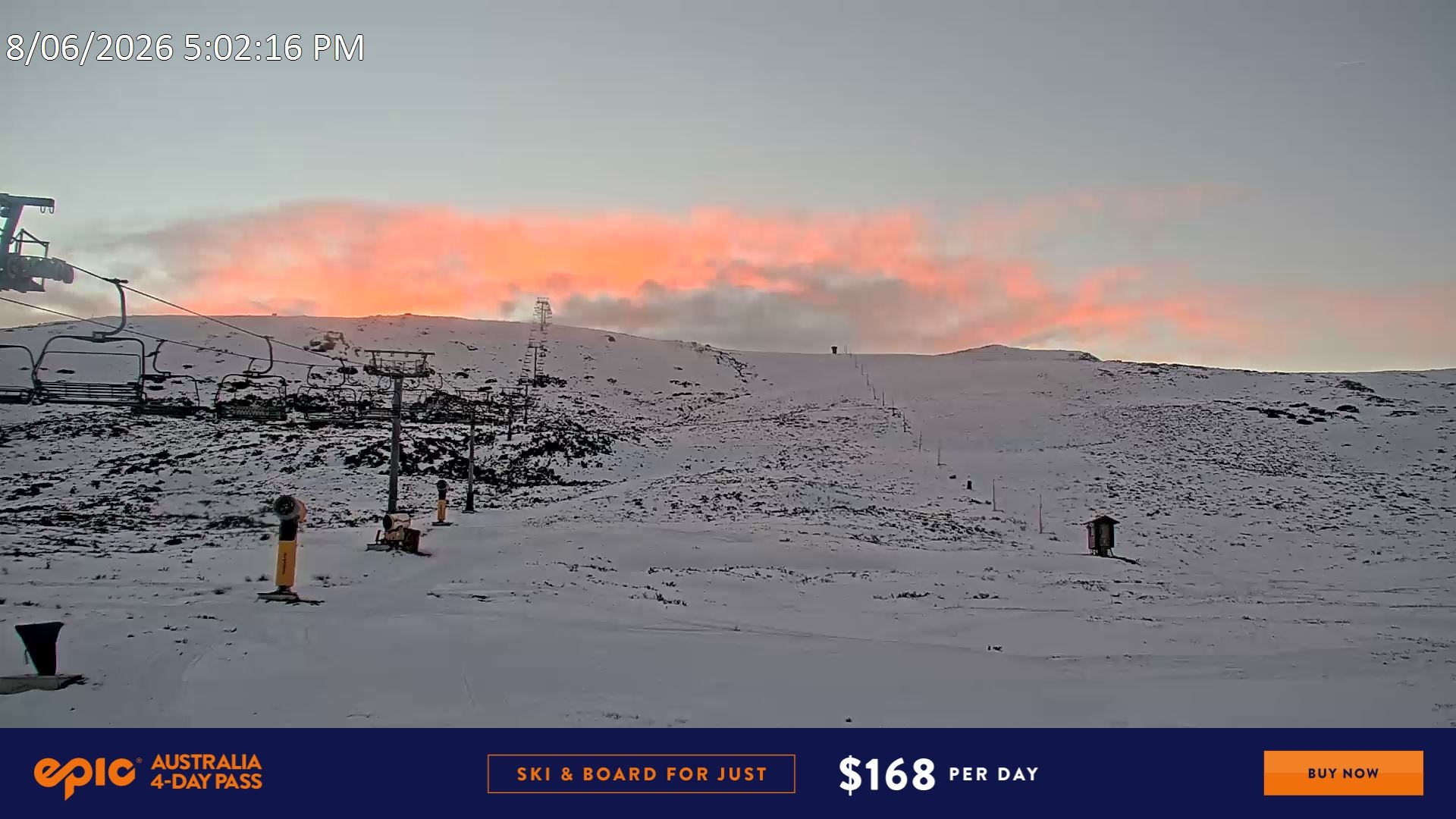 Falls Creek Ruined Castle snow cam captured at 8 June 2026 at 6:22 pm AEST