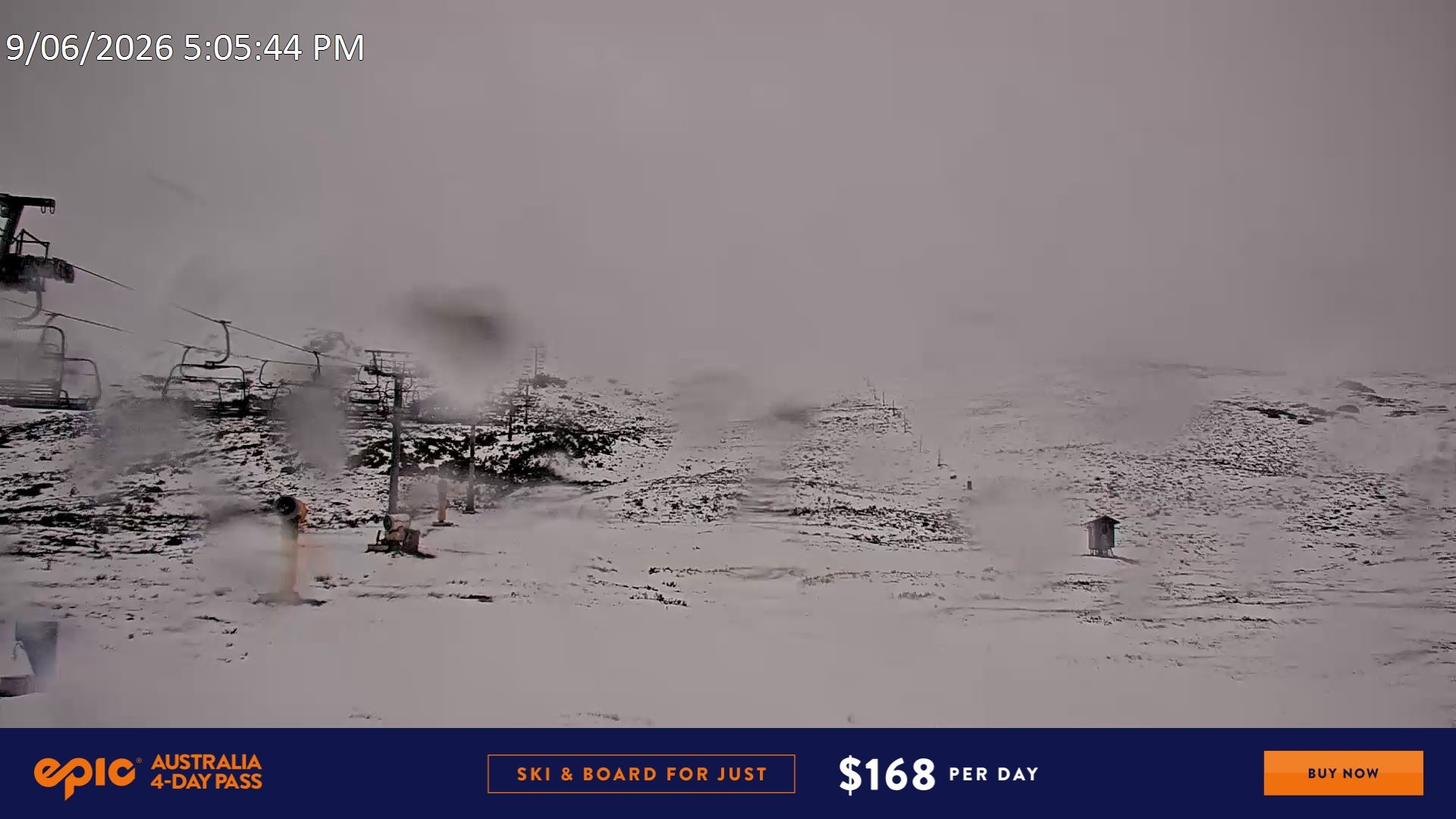 Falls Creek Ruined Castle snow cam captured at 9 June 2026 at 5:10 pm AEST