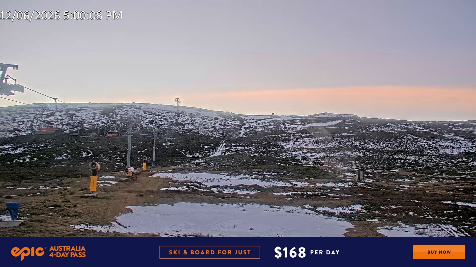 Falls Creek Ruined Castle snow cam captured at 12 June 2026 at 5:14 pm AEST