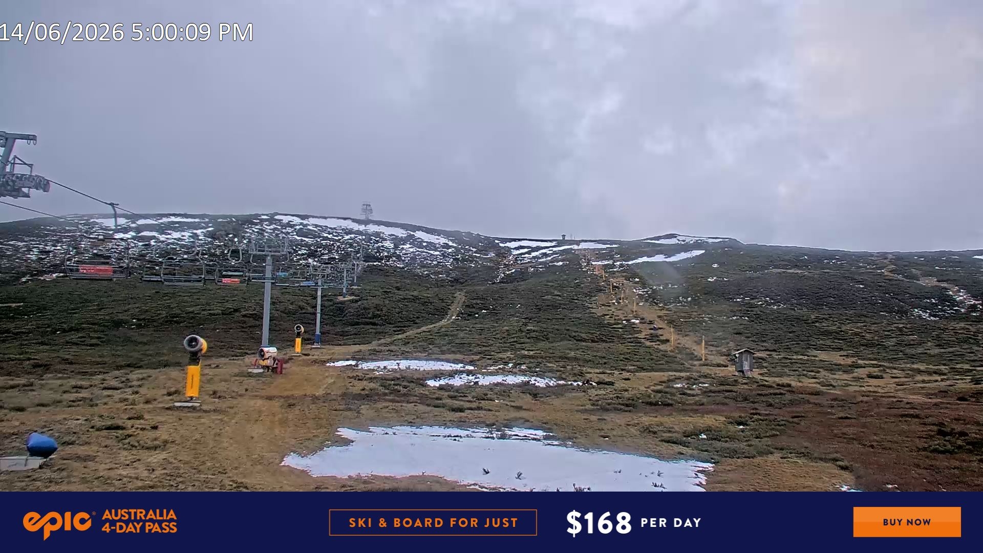 Falls Creek Ruined Castle snow cam captured at 14 June 2026 at 5:13 pm AEST