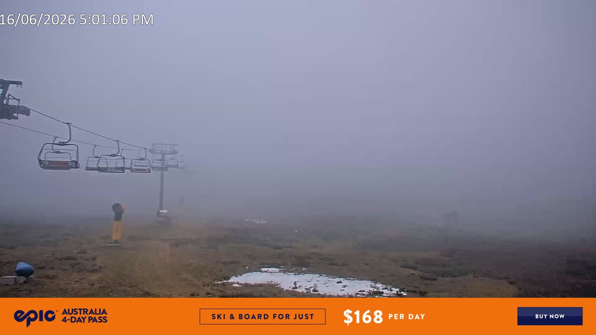 Falls Creek Ruined Castle snow cam captured at 16 June 2026 at 5:13 pm AEST