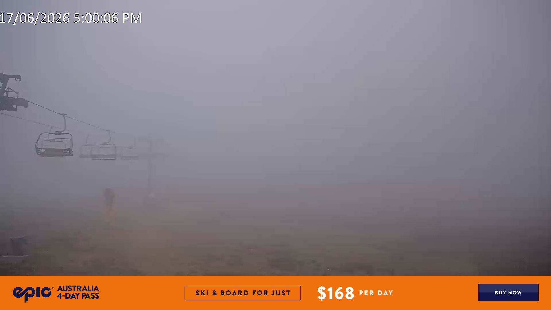 Falls Creek Ruined Castle snow cam captured at 17 June 2026 at 5:13 pm AEST