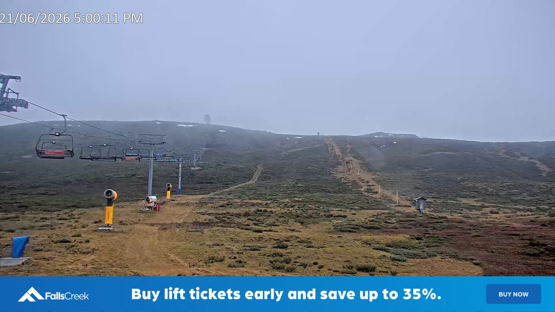 Falls Creek Ruined Castle snow cam captured at 21 June 2026 at 5:10 pm AEST