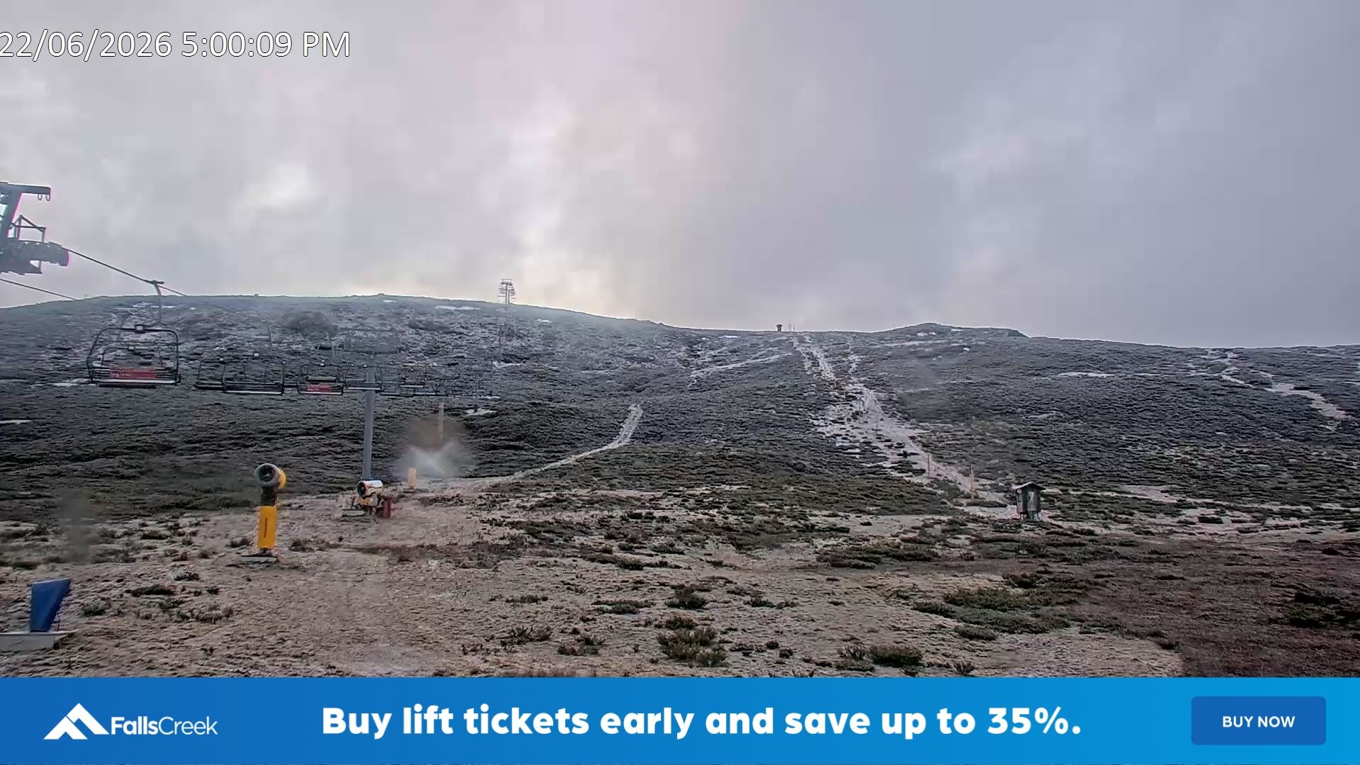 Falls Creek Ruined Castle snow cam captured at 22 June 2026 at 5:10 pm AEST