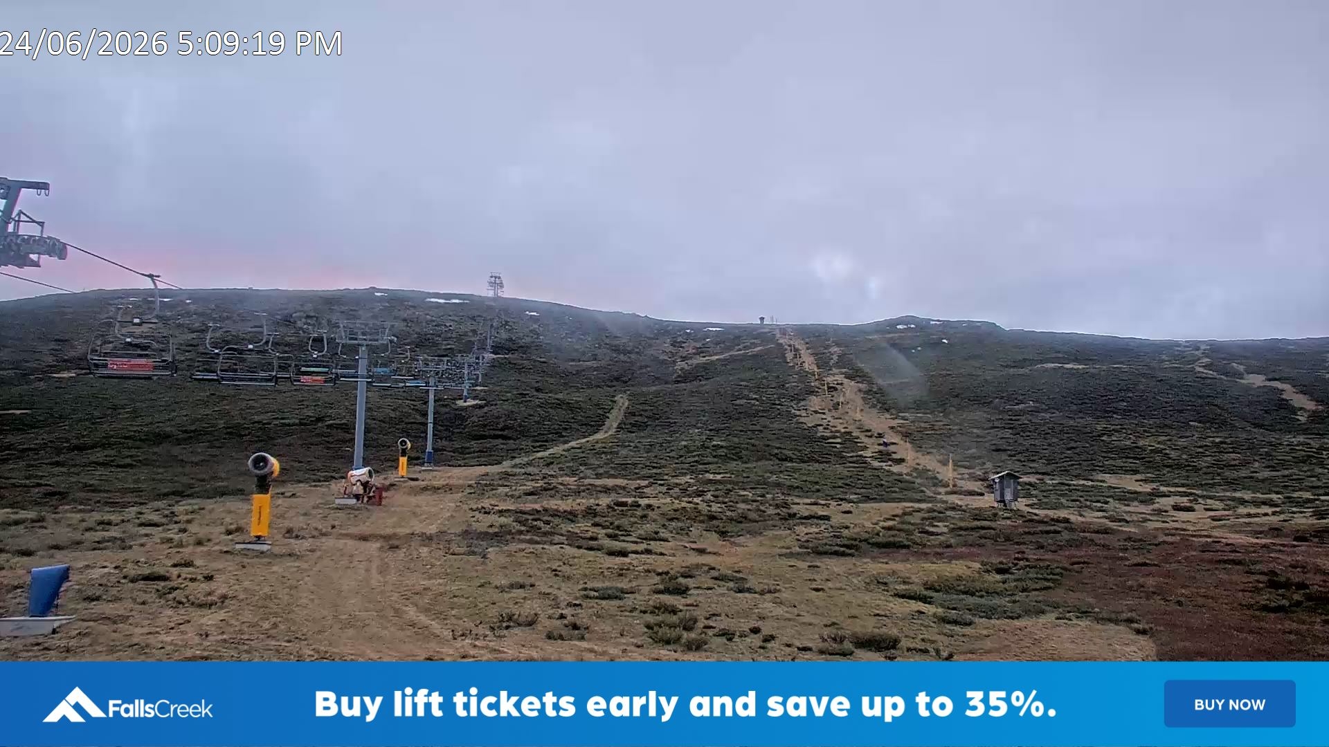 Falls Creek Ruined Castle snow cam captured at 24 June 2026 at 5:10 pm AEST
