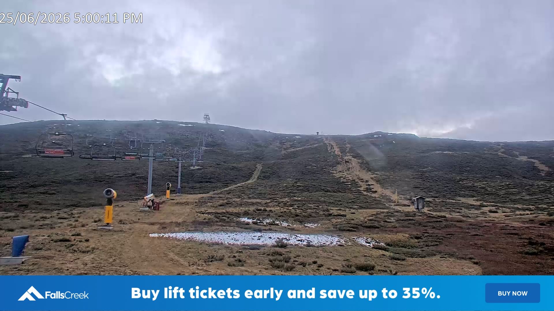 Falls Creek Ruined Castle snow cam captured at 25 June 2026 at 5:10 pm AEST