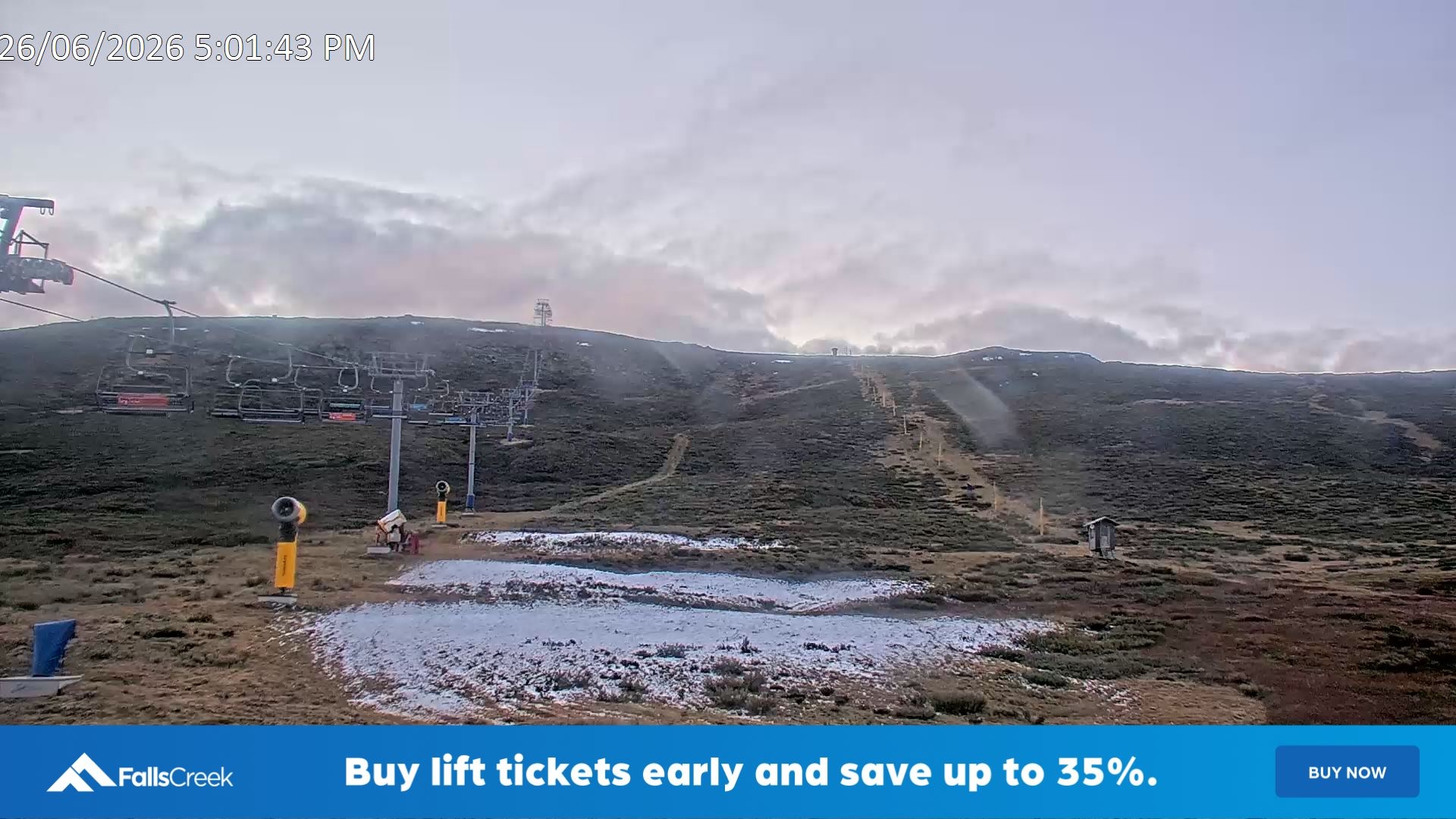 Falls Creek Ruined Castle snow cam captured at 26 June 2026 at 5:10 pm AEST