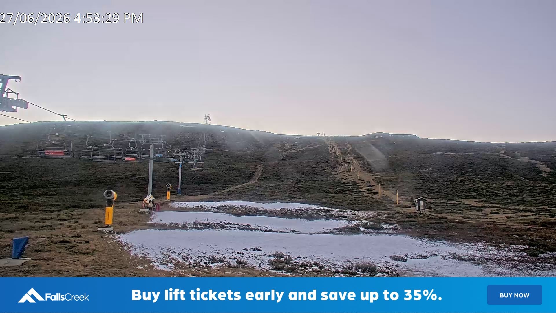 Falls Creek Ruined Castle snow cam captured at 27 June 2026 at 5:02 pm AEST