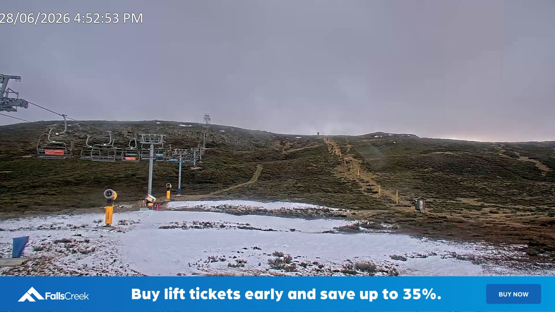 Falls Creek Ruined Castle snow cam captured at 28 June 2026 at 5:01 pm AEST