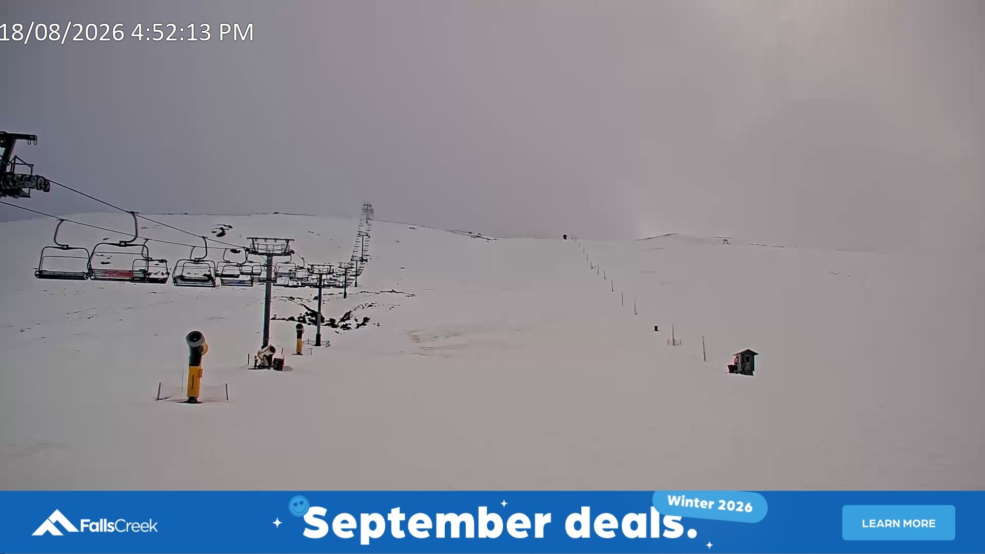 Falls Creek Ruined Castle snow cam captured at 18 August 2026 at 5:10 pm AEST