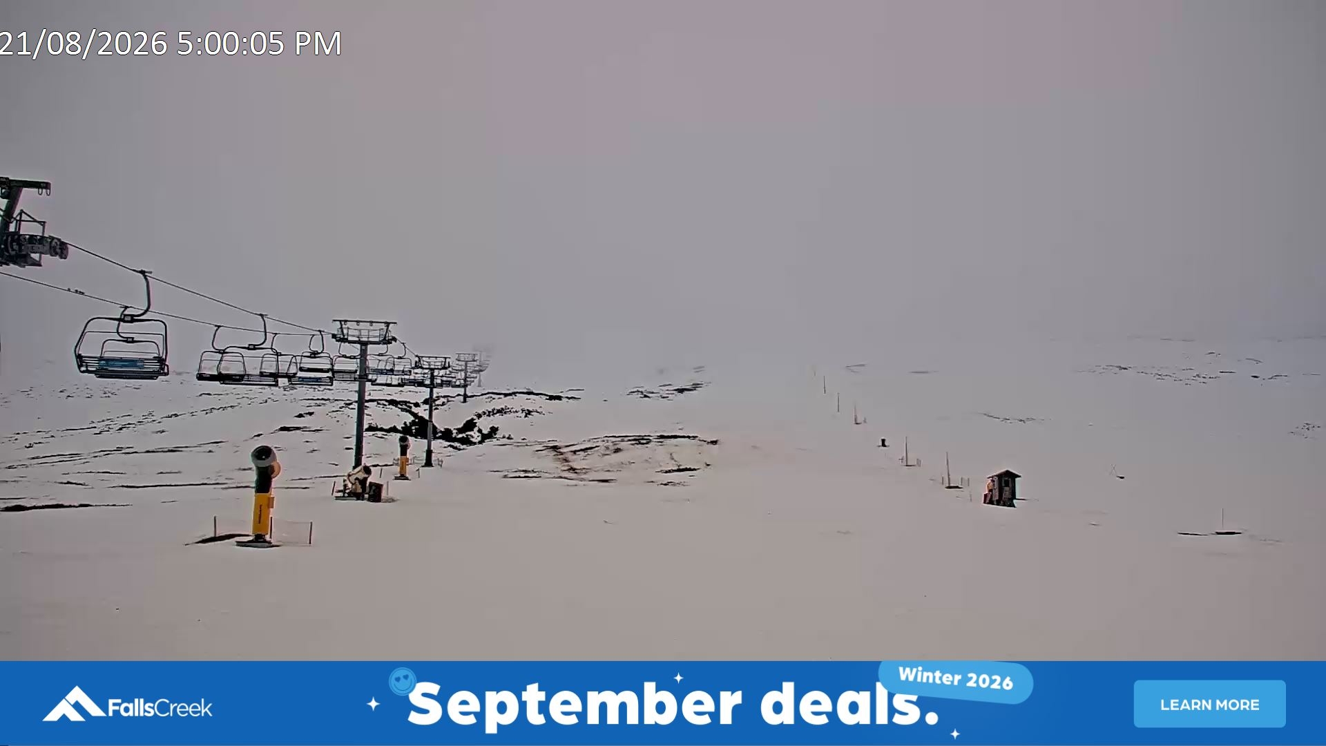 Falls Creek Ruined Castle snow cam captured at 21 August 2026 at 5:13 pm AEST
