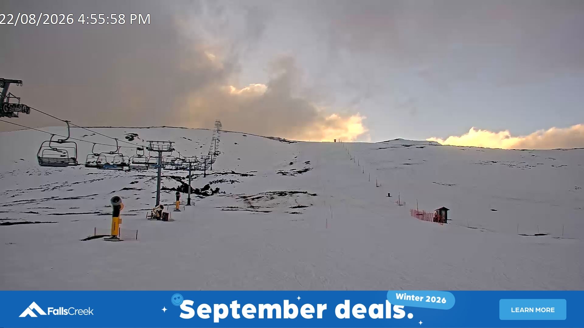 Falls Creek Ruined Castle snow cam captured at 22 August 2026 at 5:02 pm AEST