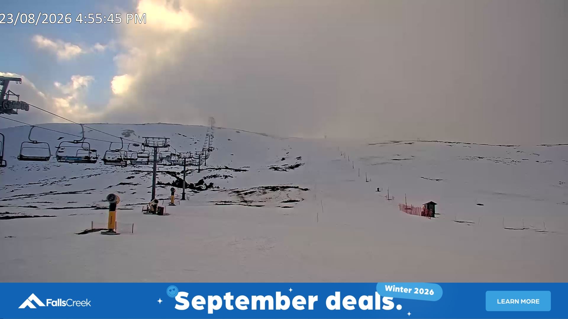 Falls Creek Ruined Castle snow cam captured at 23 August 2026 at 5:03 pm AEST