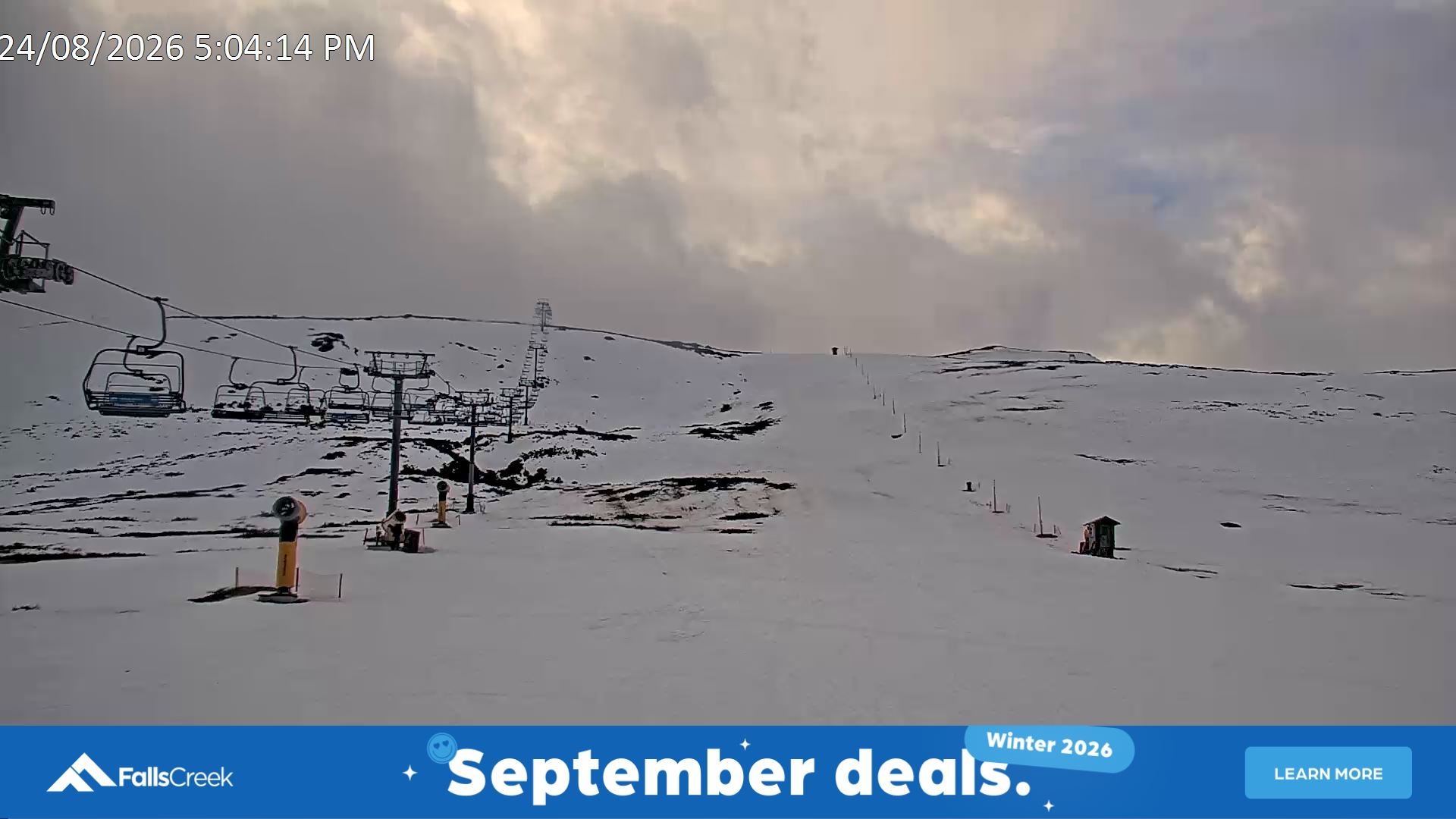 Falls Creek Ruined Castle snow cam captured at 24 August 2026 at 5:16 pm AEST