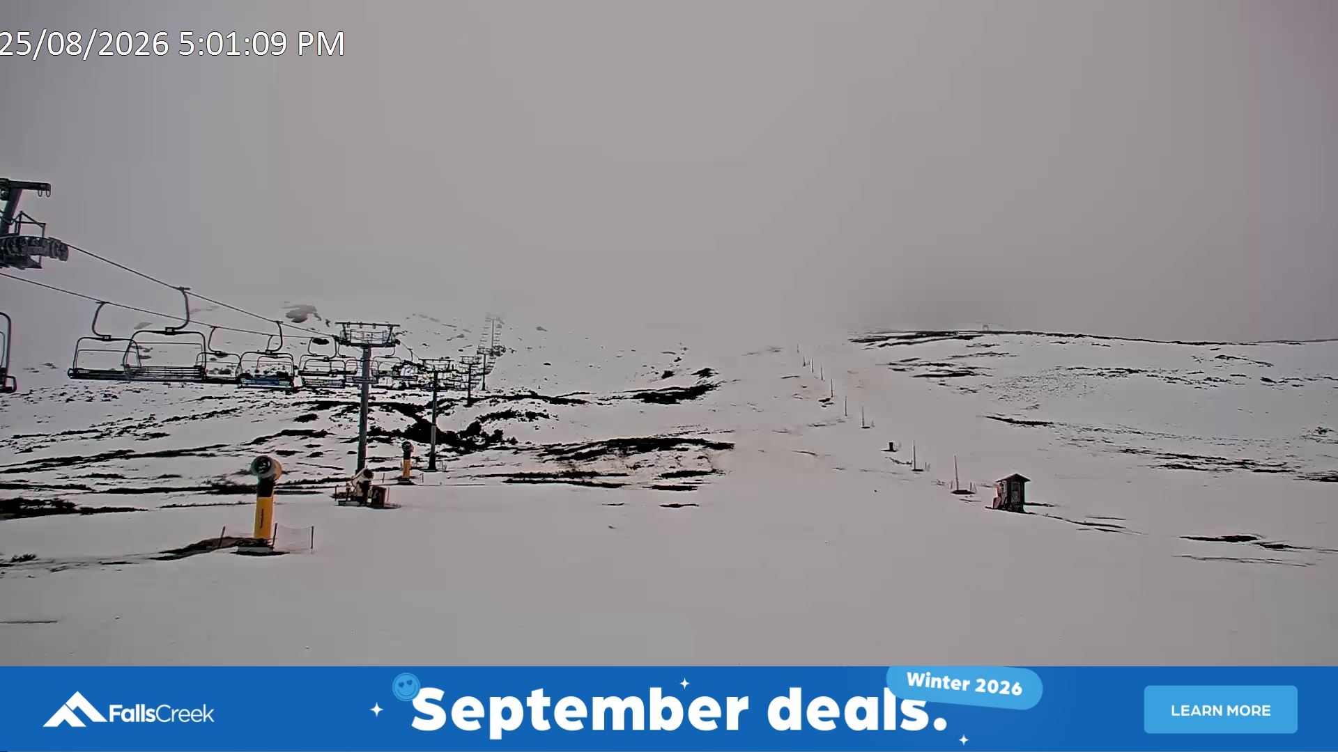 Falls Creek Ruined Castle snow cam captured at 25 August 2026 at 5:17 pm AEST