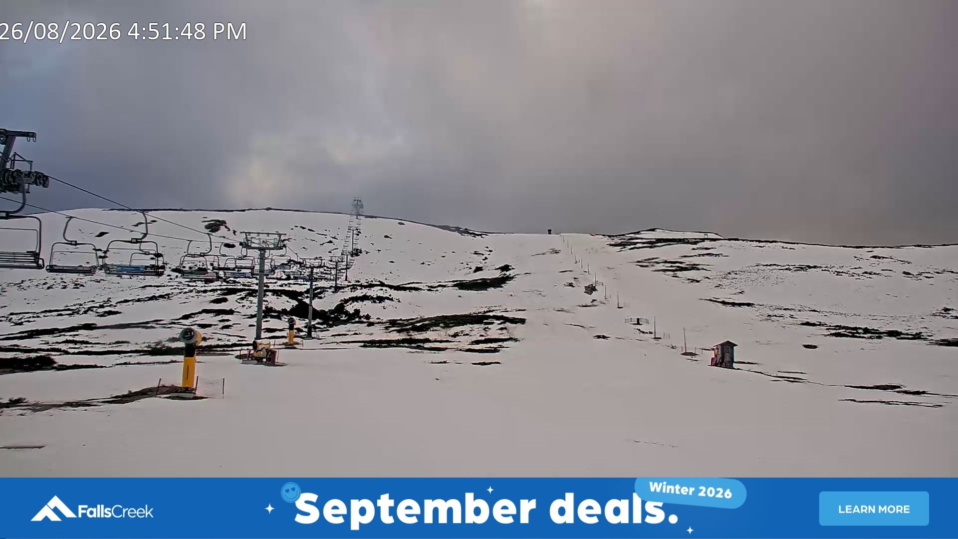 Falls Creek Ruined Castle snow cam captured at 26 August 2026 at 5:08 pm AEST