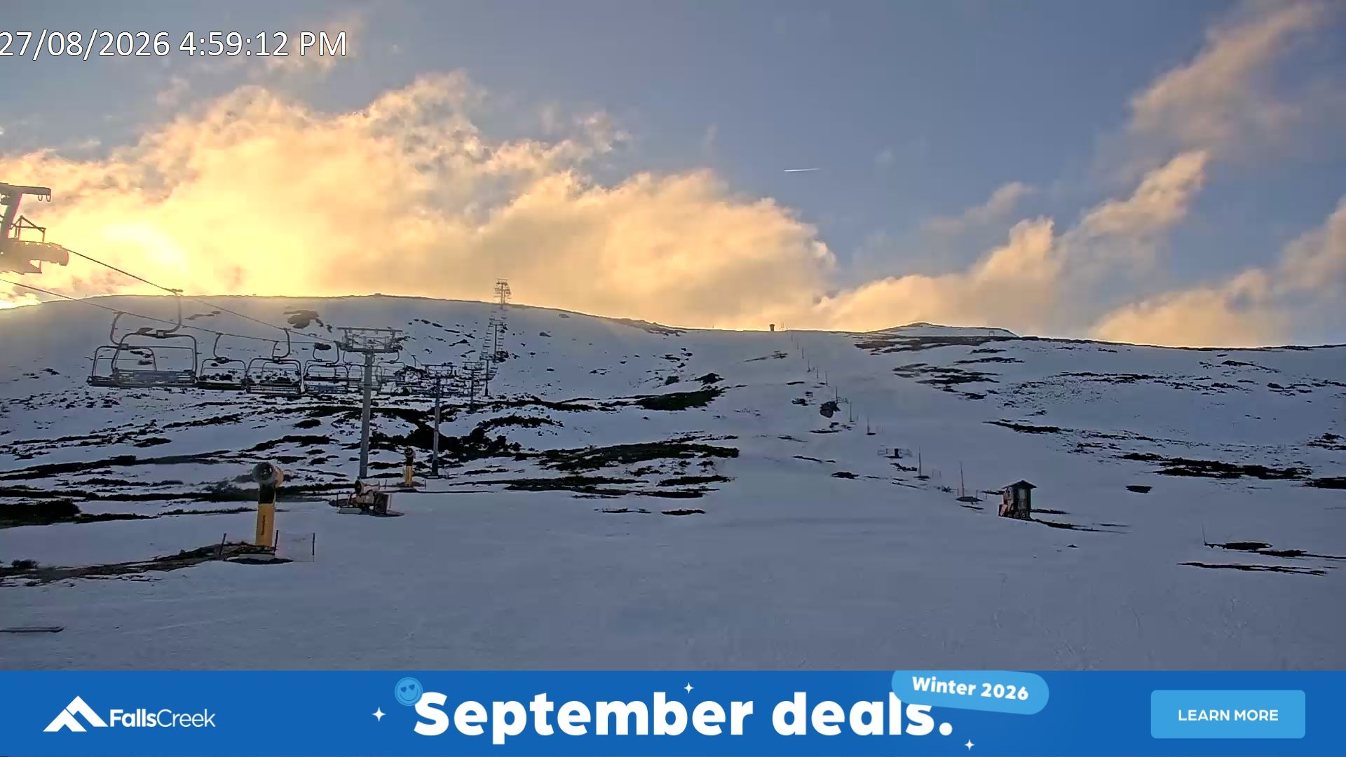 Falls Creek Ruined Castle snow cam captured at 27 August 2026 at 5:08 pm AEST