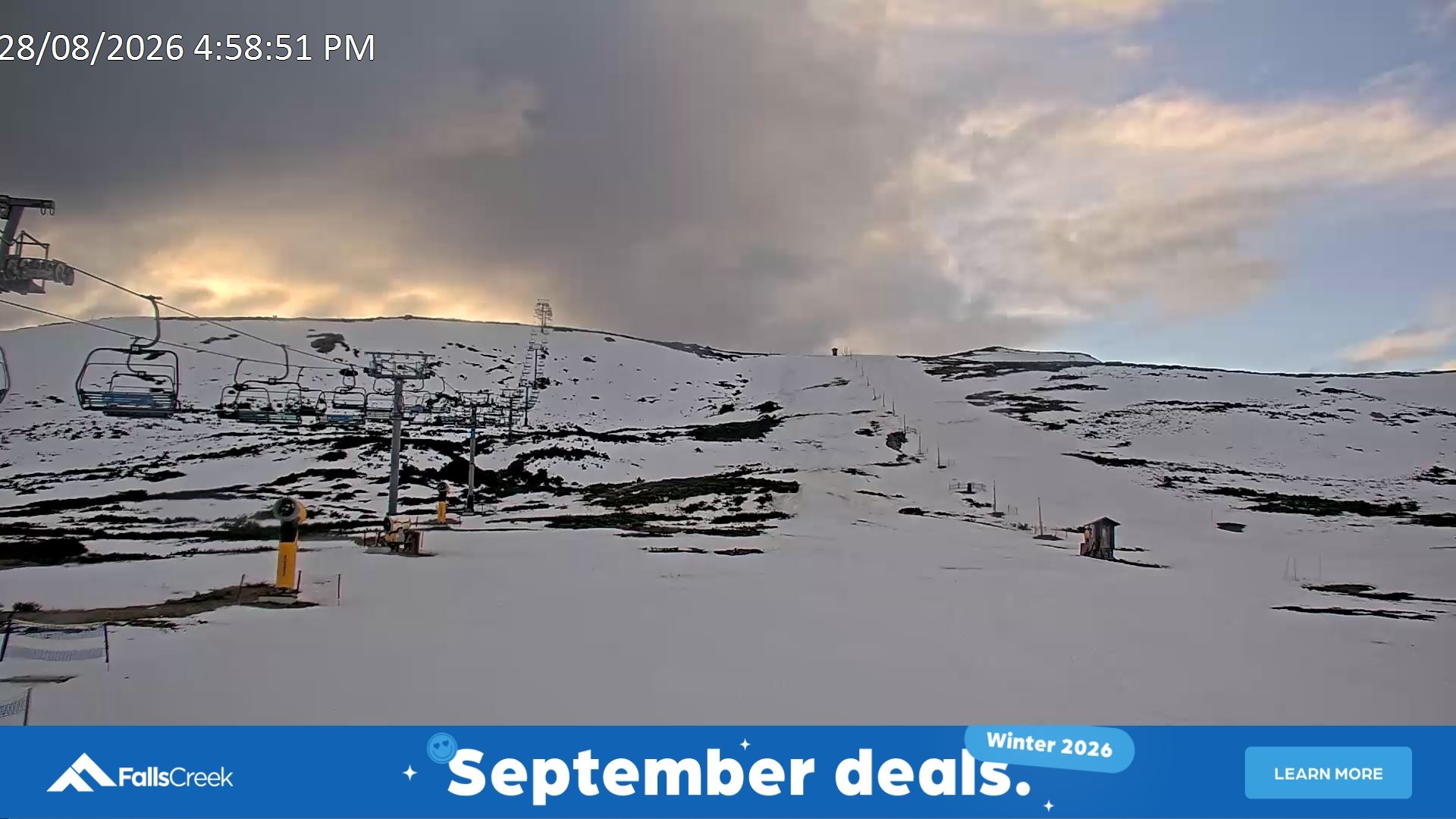 Falls Creek Ruined Castle snow cam captured at 28 August 2026 at 5:10 pm AEST
